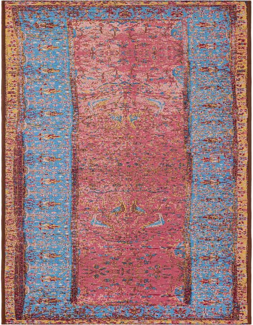 An 8 ft runner rug featuring a distressed traditional pattern in shades of orange, pink, and blue, with a flatweave texture.