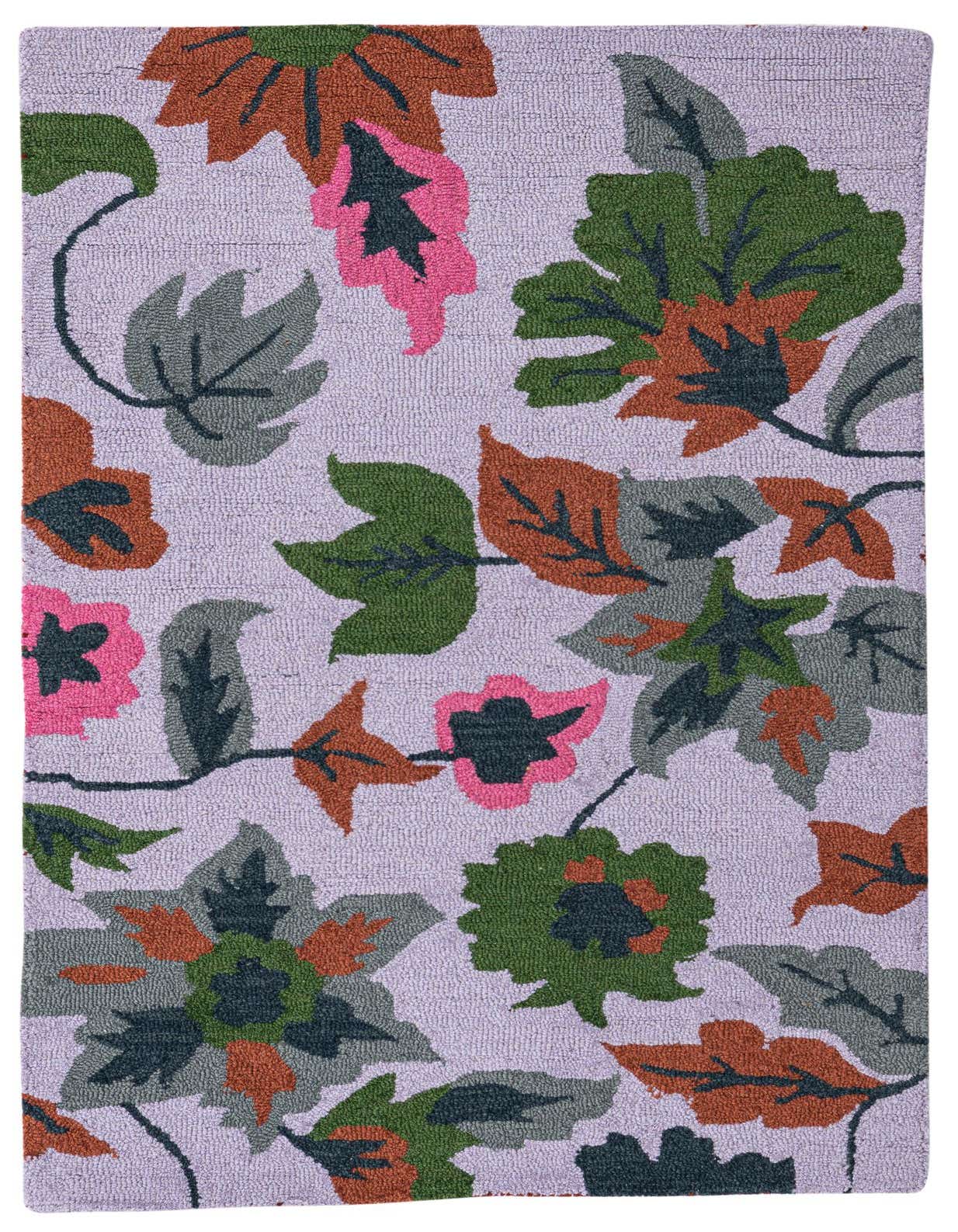 A 3x5 rectangular purple modern rug featuring an abstract floral and leaf pattern in green, orange, pink, and gray.