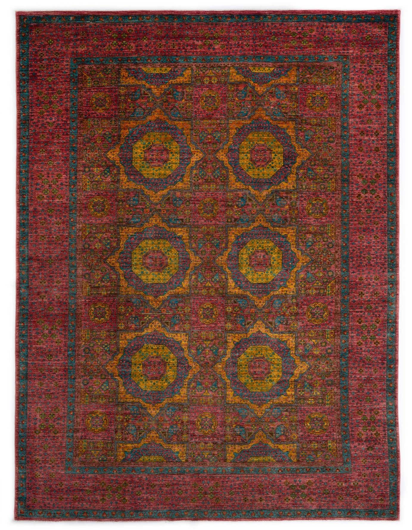 A rectangular 8x11 Amina Persian rug in shades of purple, gold, and teal, featuring a traditional medallion pattern.