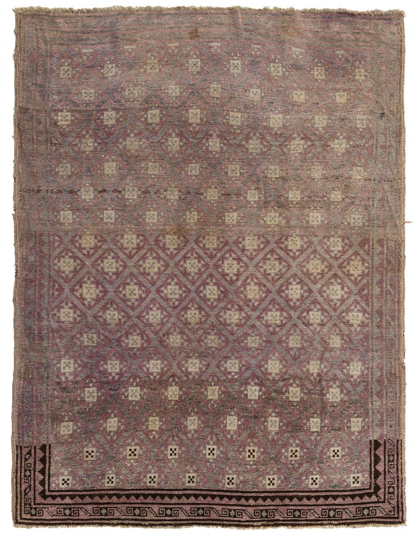 A rectangular 5x8 Balouch area rug featuring traditional Persian and tribal patterns in shades of purple and cream.