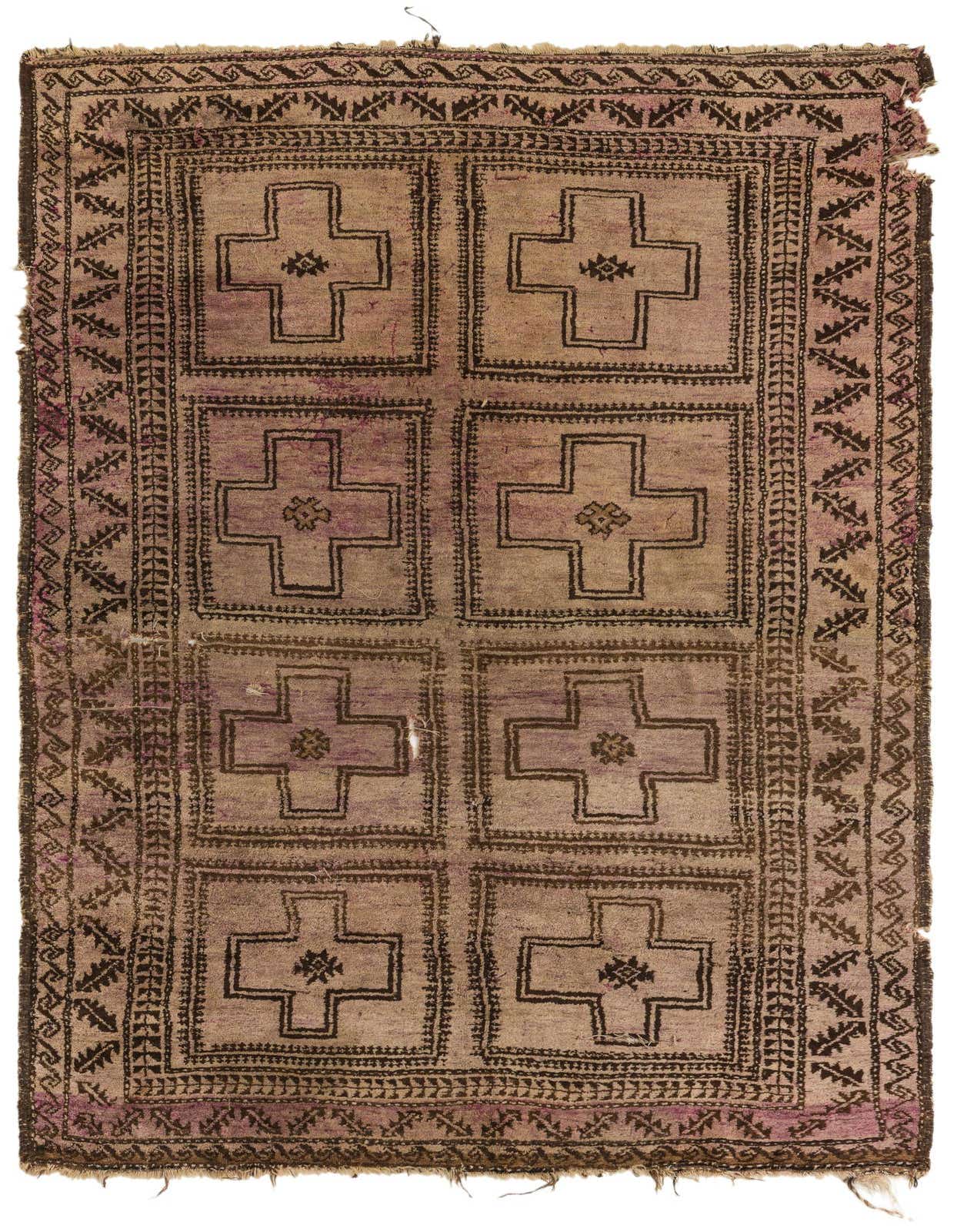 A 5x8 rectangular Balouch wool rug featuring a traditional tribal pattern of eight purple crosses on a light purple background, framed by a dark geometric border.