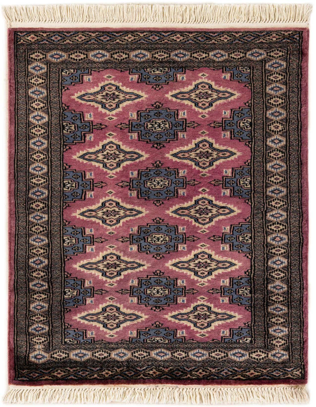 A handmade 2x3 rectangular Bokhara rug featuring a tribal pattern in shades of purple, blue, and cream, with fringe.