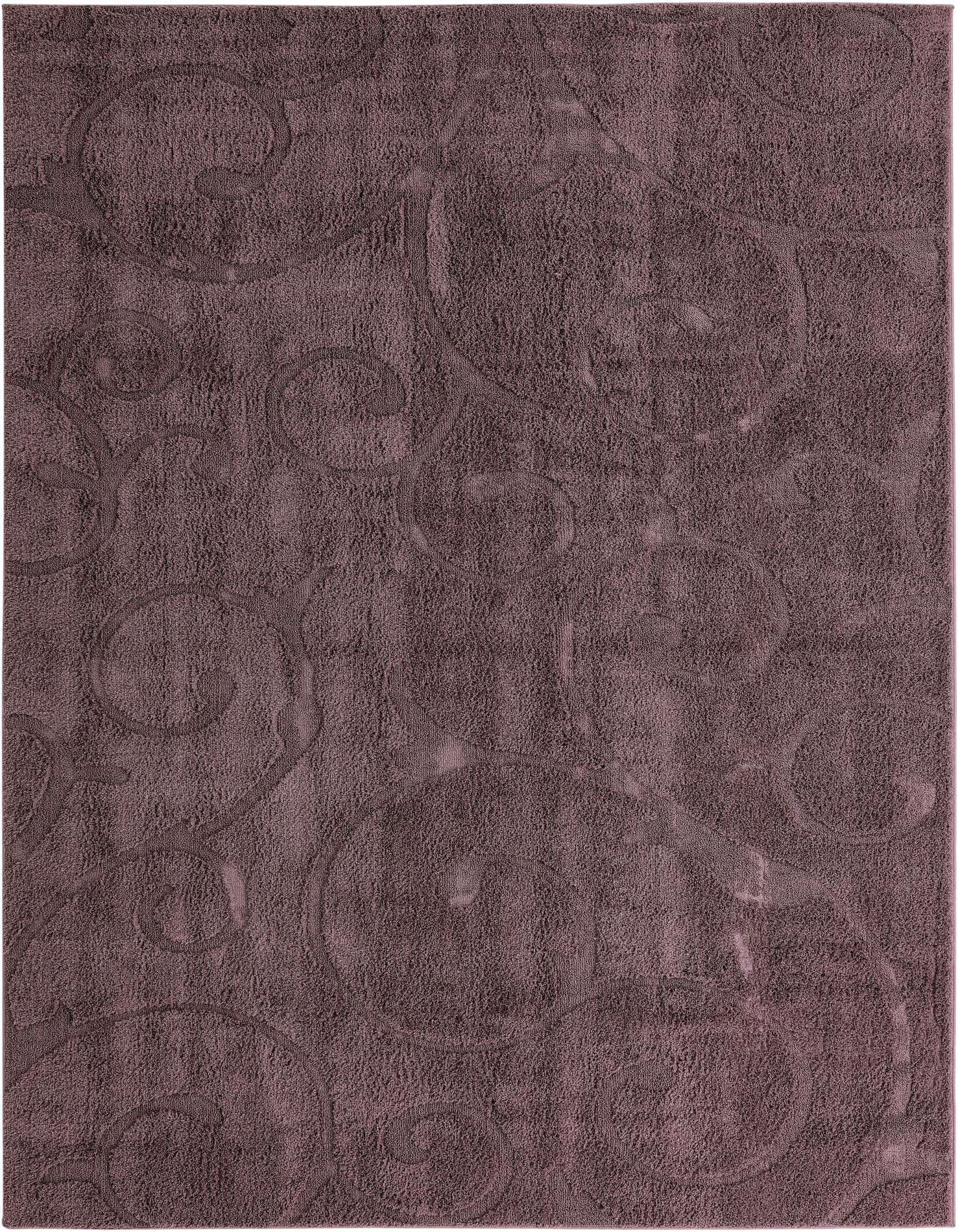 A 9x12 rectangular purple shag rug with a subtle high-low textured botanical pattern, ideal for a living room.