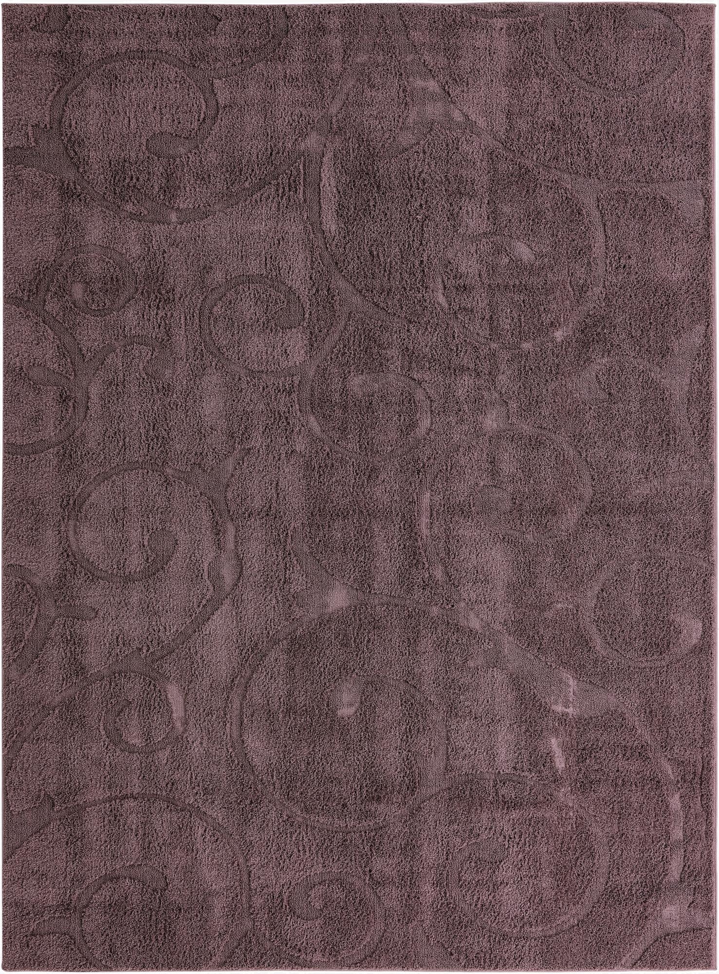 A 9x12 rectangular purple shag rug with a subtle high-low textured botanical pattern, ideal for a living room.