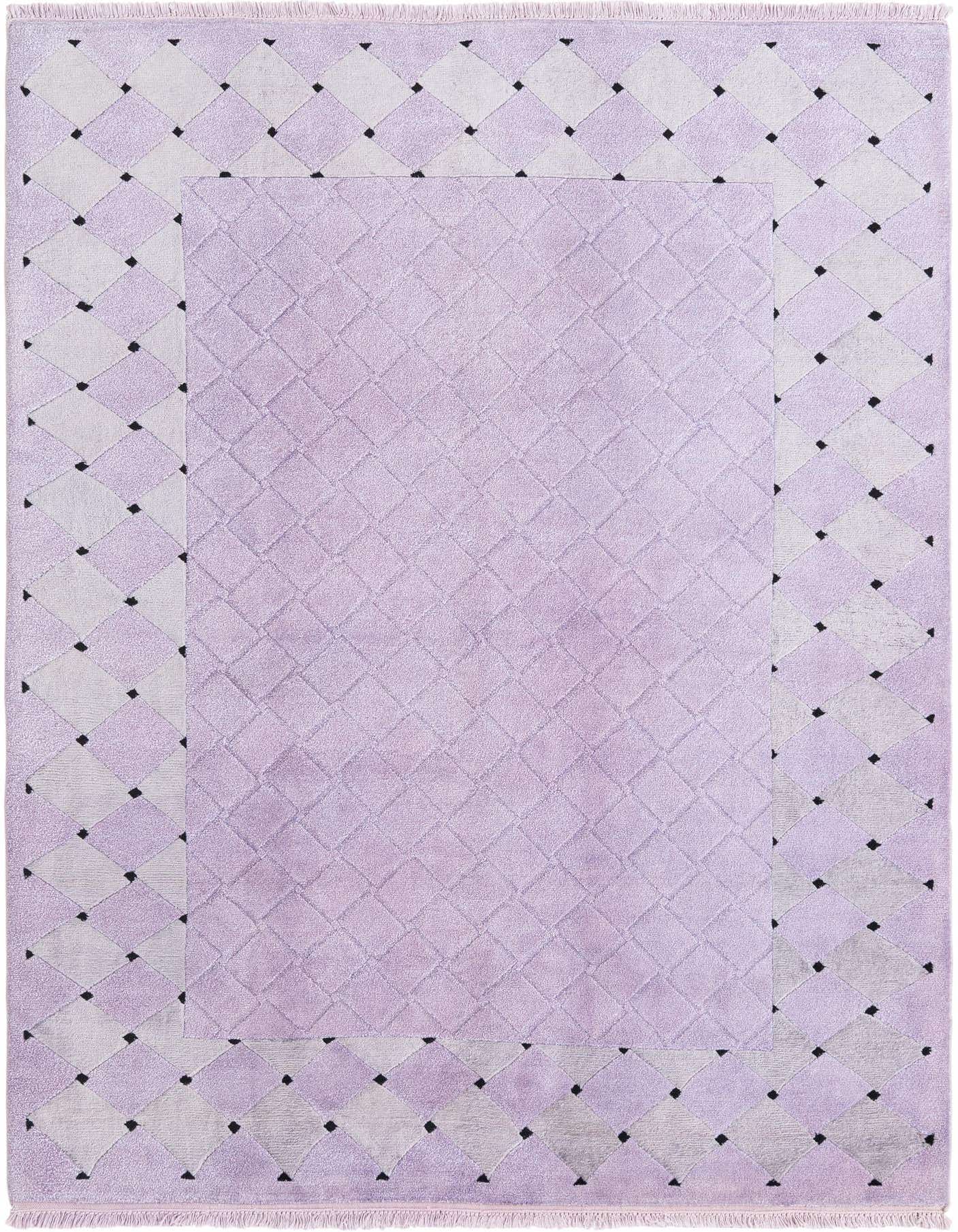 A 5x8 rectangular Darya rug in shades of purple with a modern geometric pattern and fringe.