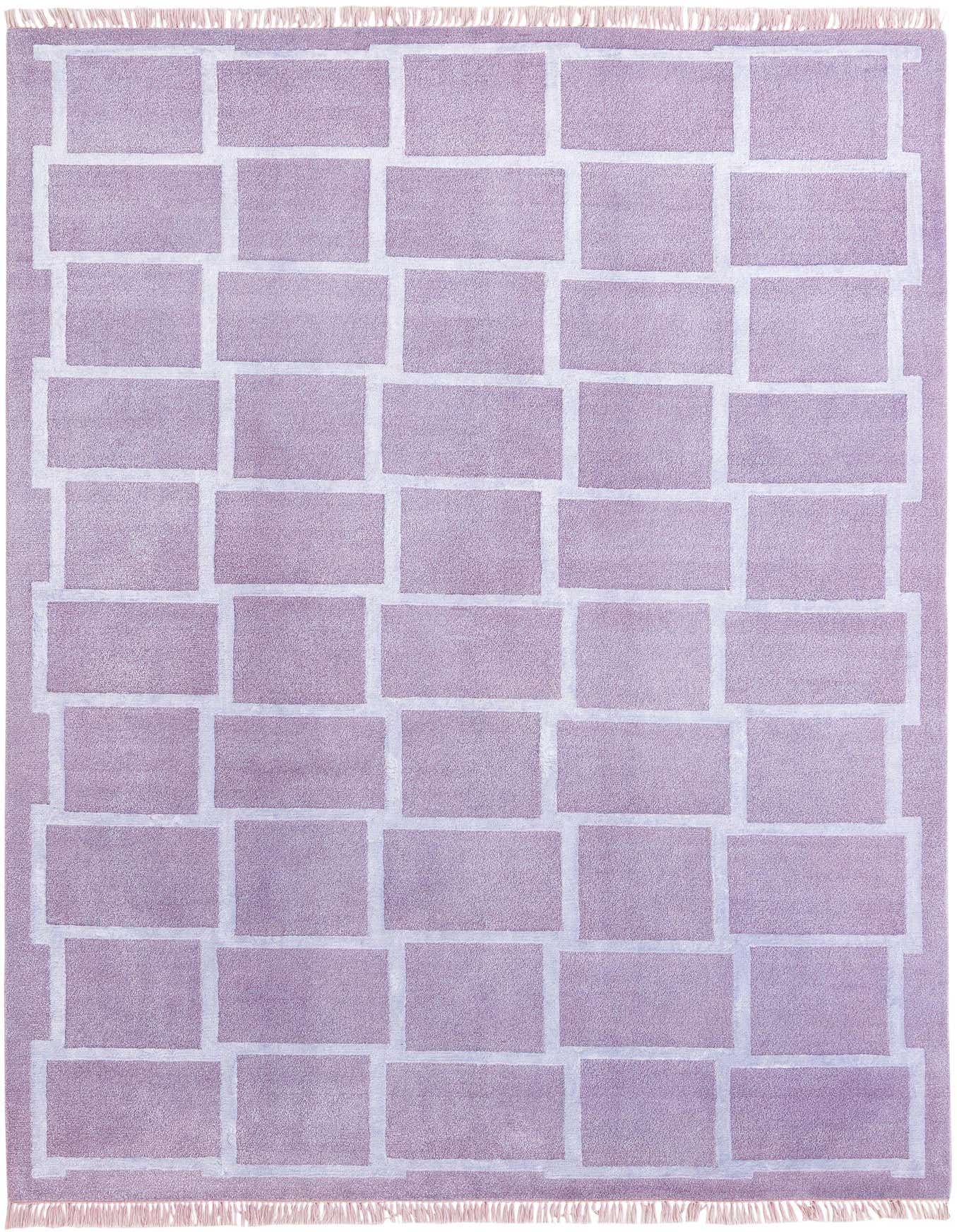 A 5x8 rectangular Darya rug in shades of purple with a modern, geometric block pattern and fringe.