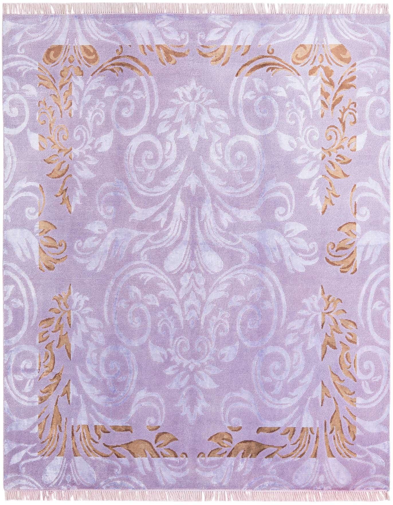 A 5x8 rectangular Darya rug in shades of purple with a central cream and gold Oriental floral pattern, featuring a high pile and delicate fringe.