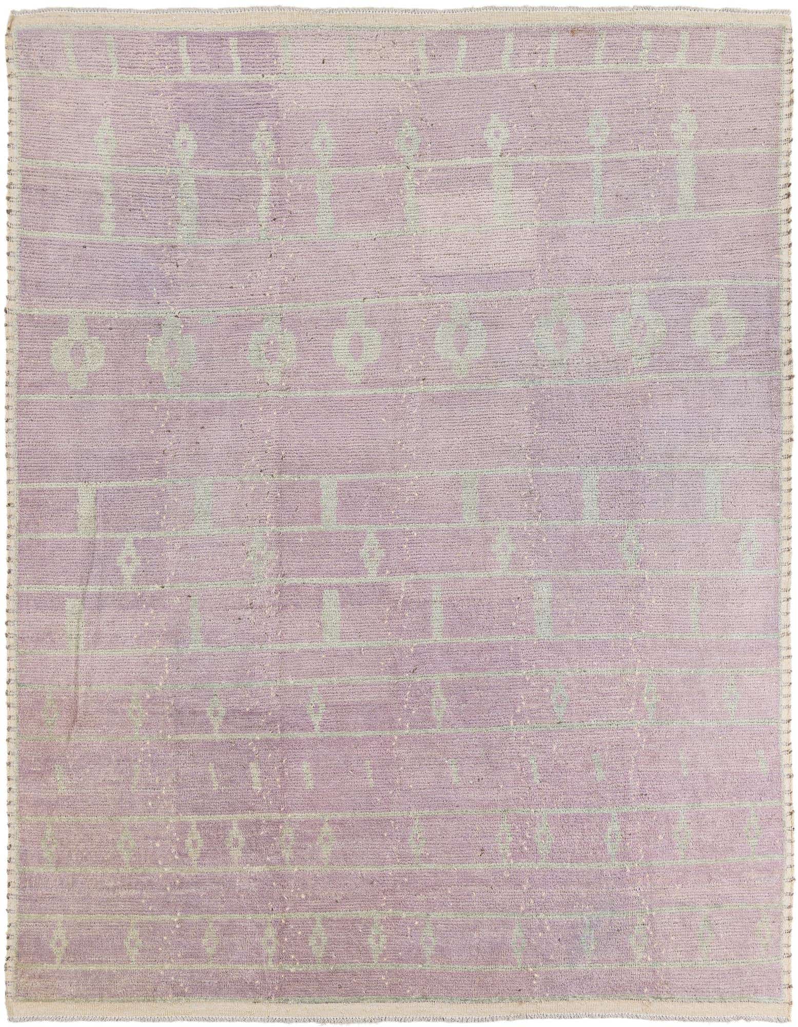 A rectangular 8x10 Darya purple wool rug with a modern pattern of light purple geometric shapes and lines.