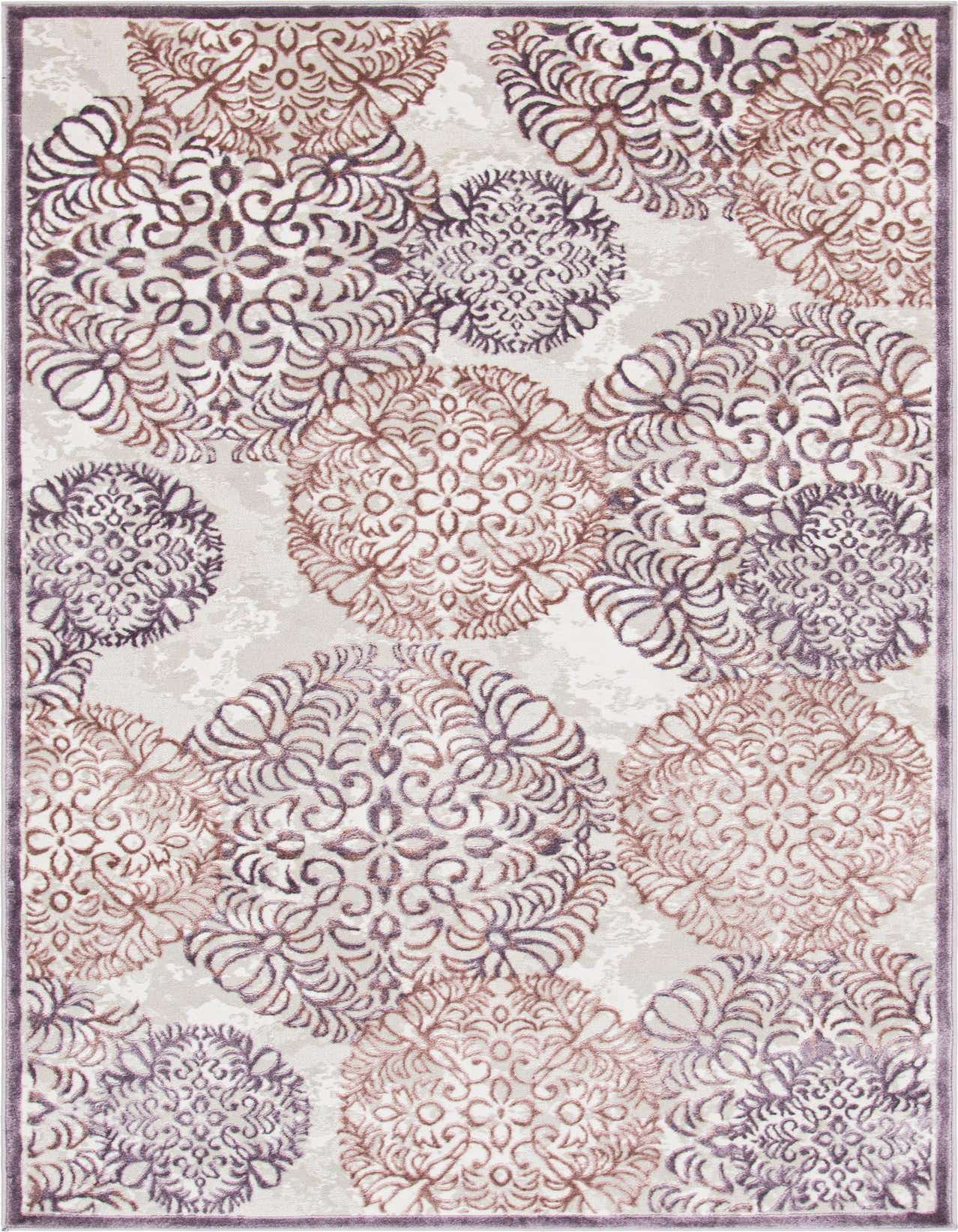 A 5x8 rectangular indoor rug featuring large, overlapping floral medallions in shades of purple and brown on a light beige background.