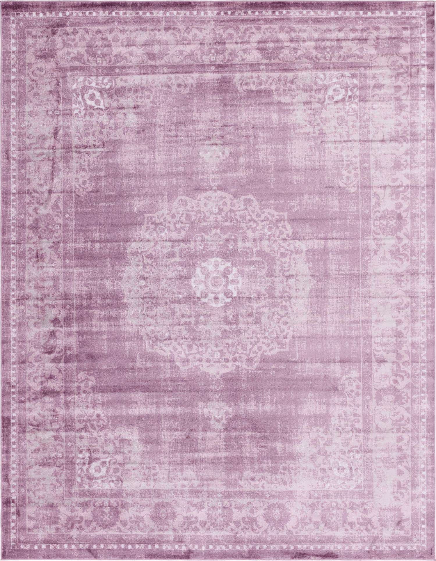 A 10x13 rectangular purple area rug with a faded traditional medallion and border pattern, suitable for a living room.