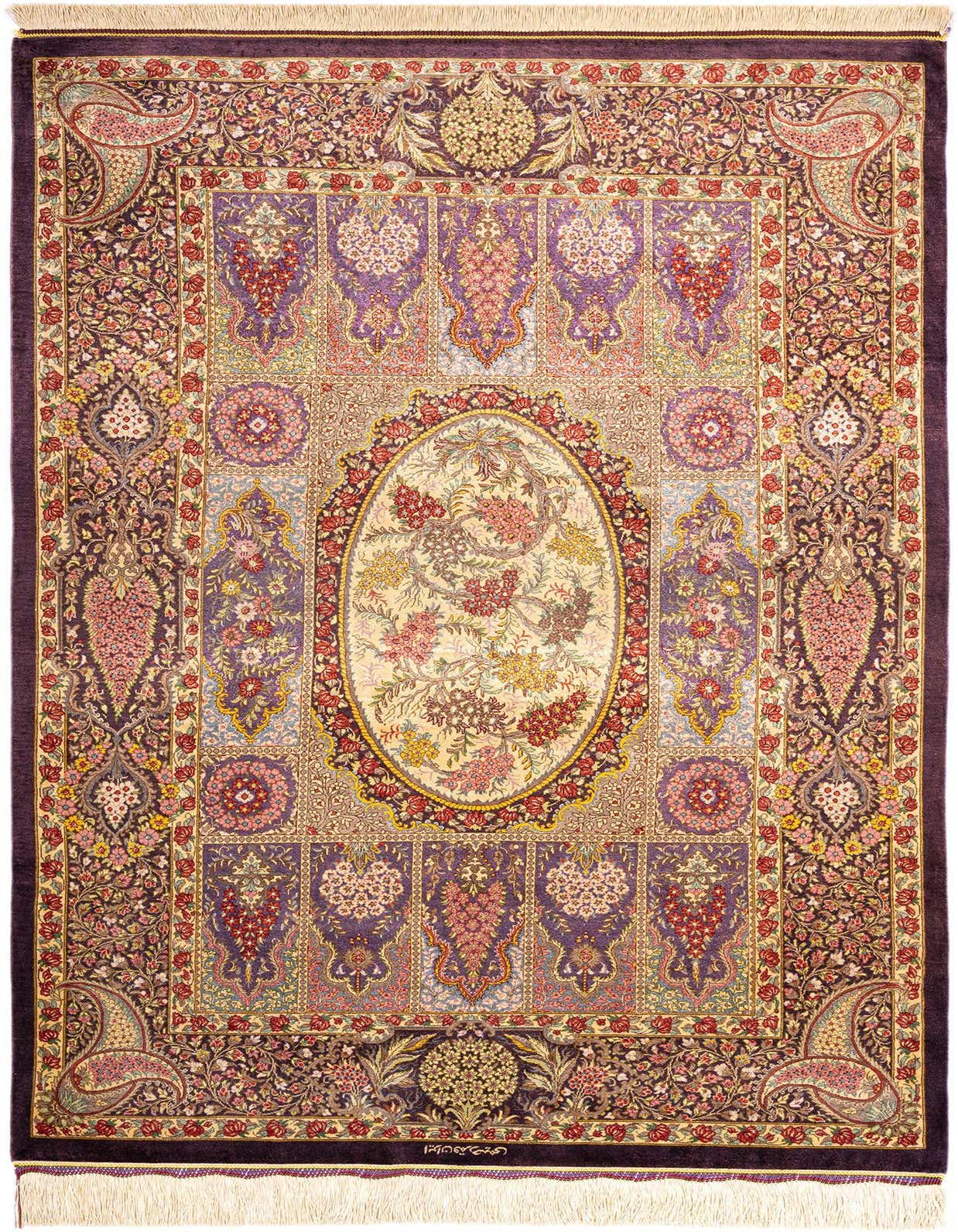 A 3x5 rectangular Ghom Silk Persian rug featuring an ornate floral medallion in cream, red, and yellow on a purple background.