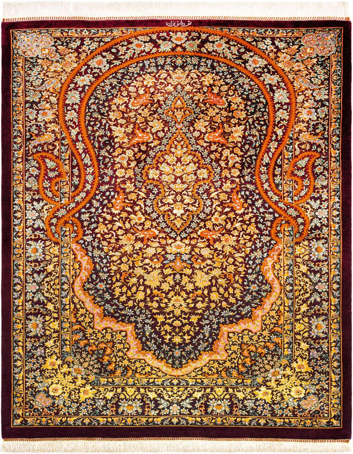 A luxurious 3x5 rectangular Ghom Silk Persian rug in deep purple, adorned with intricate floral motifs and an ornate central medallion in gold and orange.