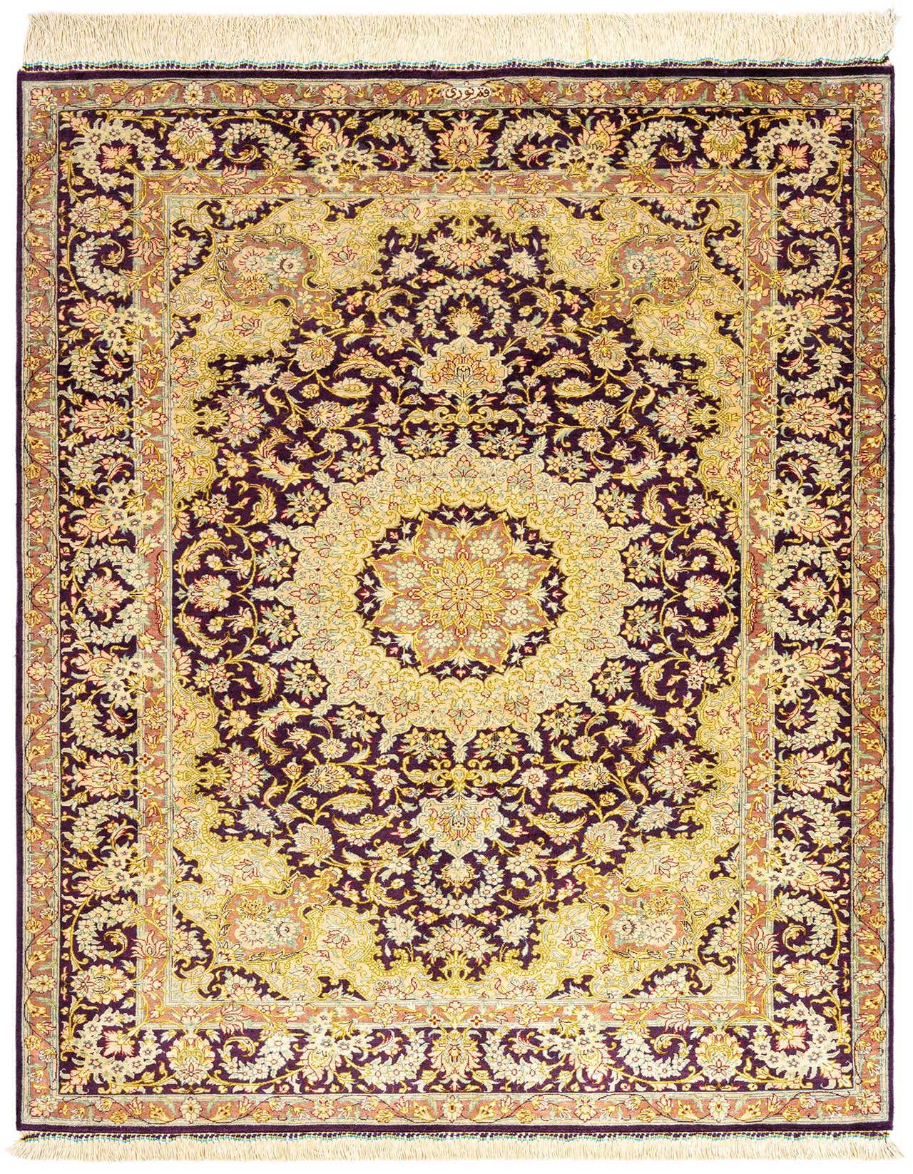 A luxurious 3x5 rectangular Ghom Silk Persian rug featuring a rich purple background with intricate gold and cream floral patterns and a central medallion.