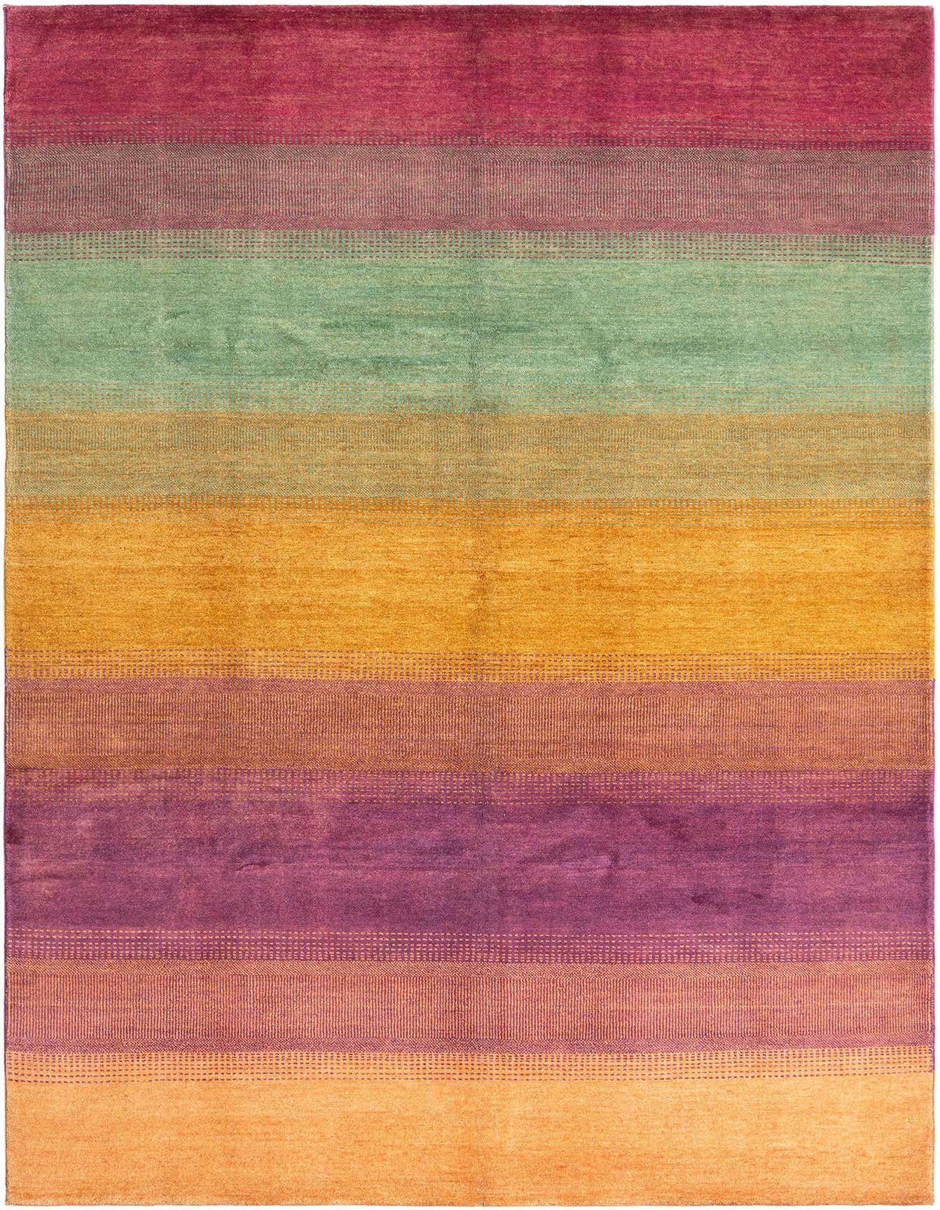 A 6x9 rectangular Juma Persian wool rug featuring horizontal stripes in shades of purple, green, and orange.