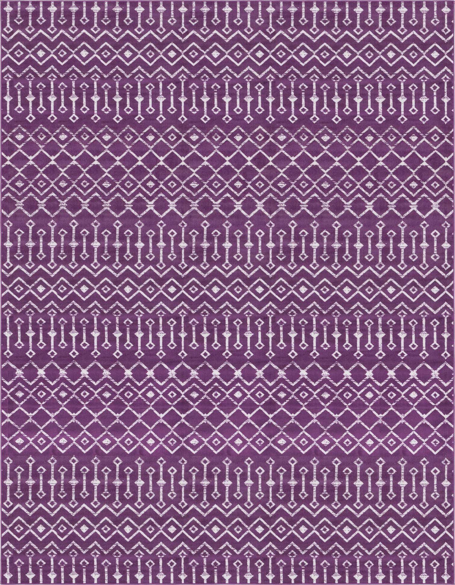 A 10x13 rectangular purple area rug featuring a repeating modern tribal trellis pattern in white, ideal for a living room.