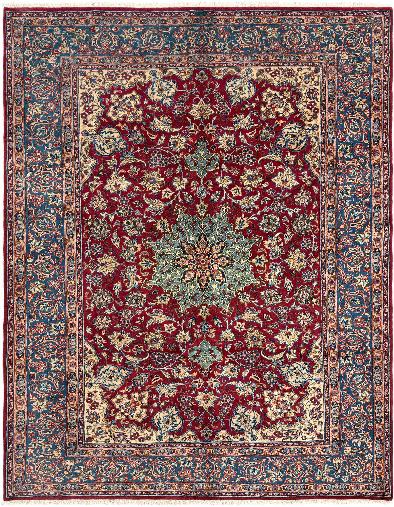 A 7x10 rectangular Kashan Persian rug with a rich purple field, intricate floral patterns, and a teal border.
