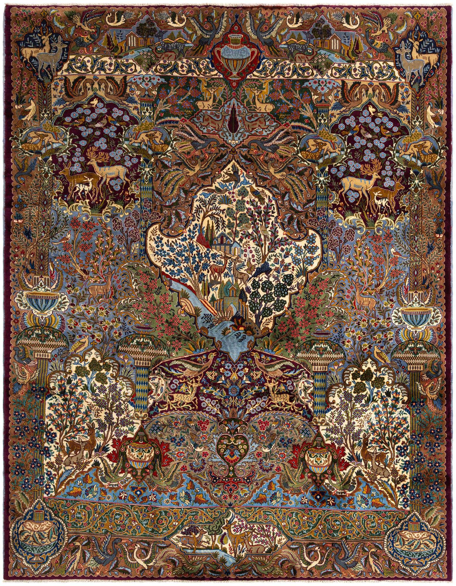A large 10x13 rectangular Persian Kashmar rug with intricate purple, blue, and brown patterns featuring deer, birds, and floral motifs.