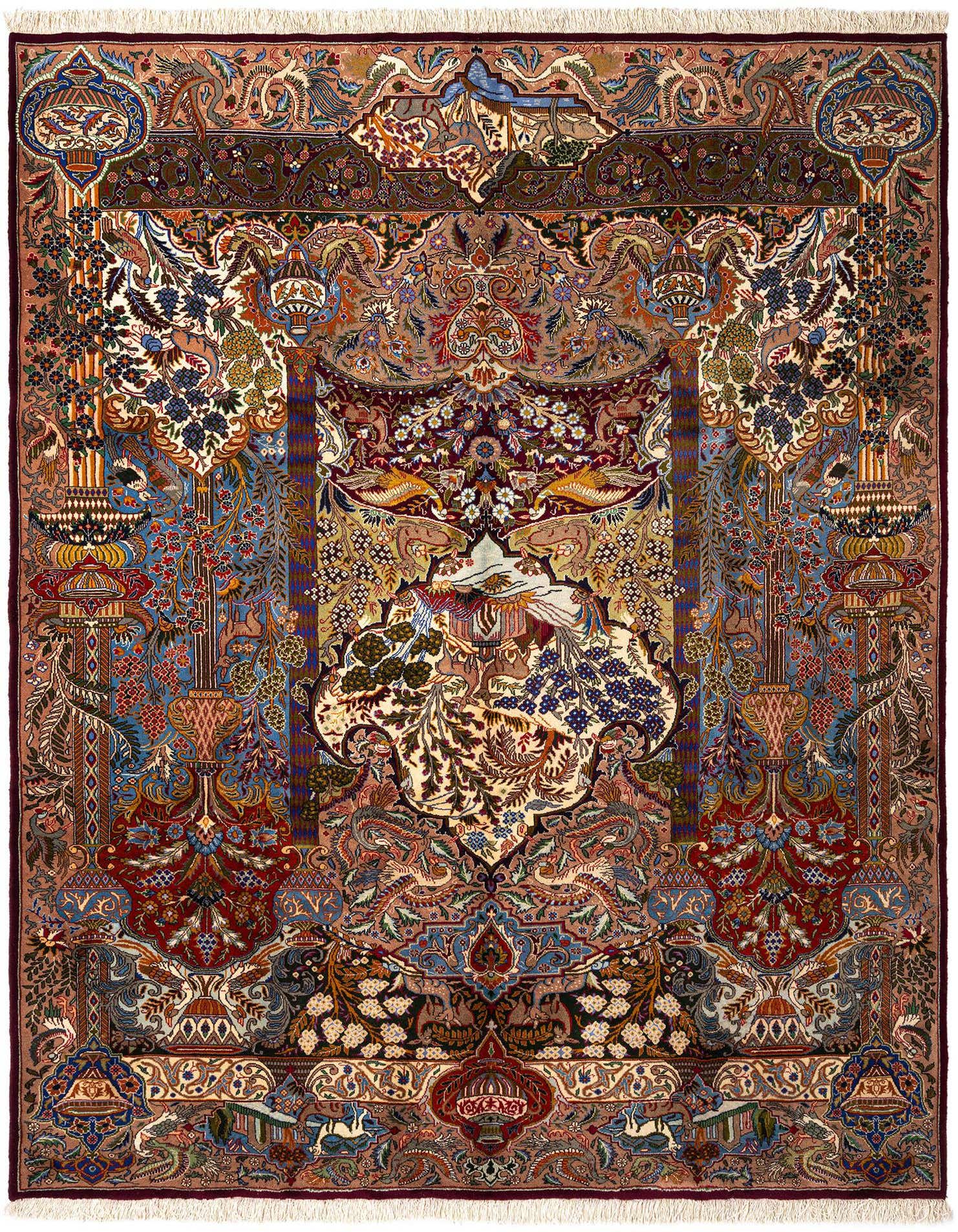 A rectangular 10x13 Persian wool rug with intricate floral and bird motifs in shades of purple, blue, red, and gold.