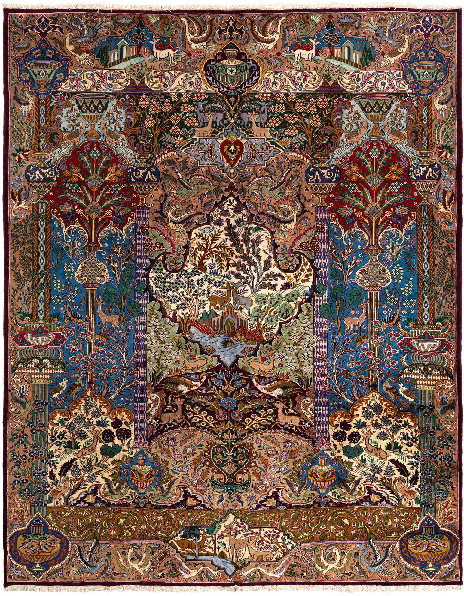 A rectangular 10x13 Persian wool rug with a complex, vibrant purple, blue, and brown garden pattern featuring trees, deer, birds, and vases.