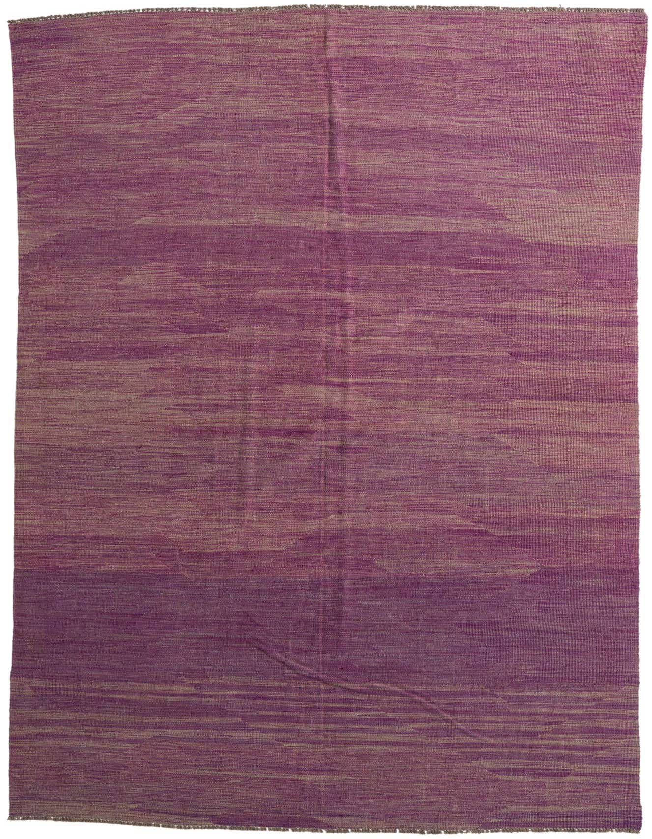 A 6x9 rectangular flatweave wool rug featuring a blend of purple hues with subtle abstract and tribal patterns.