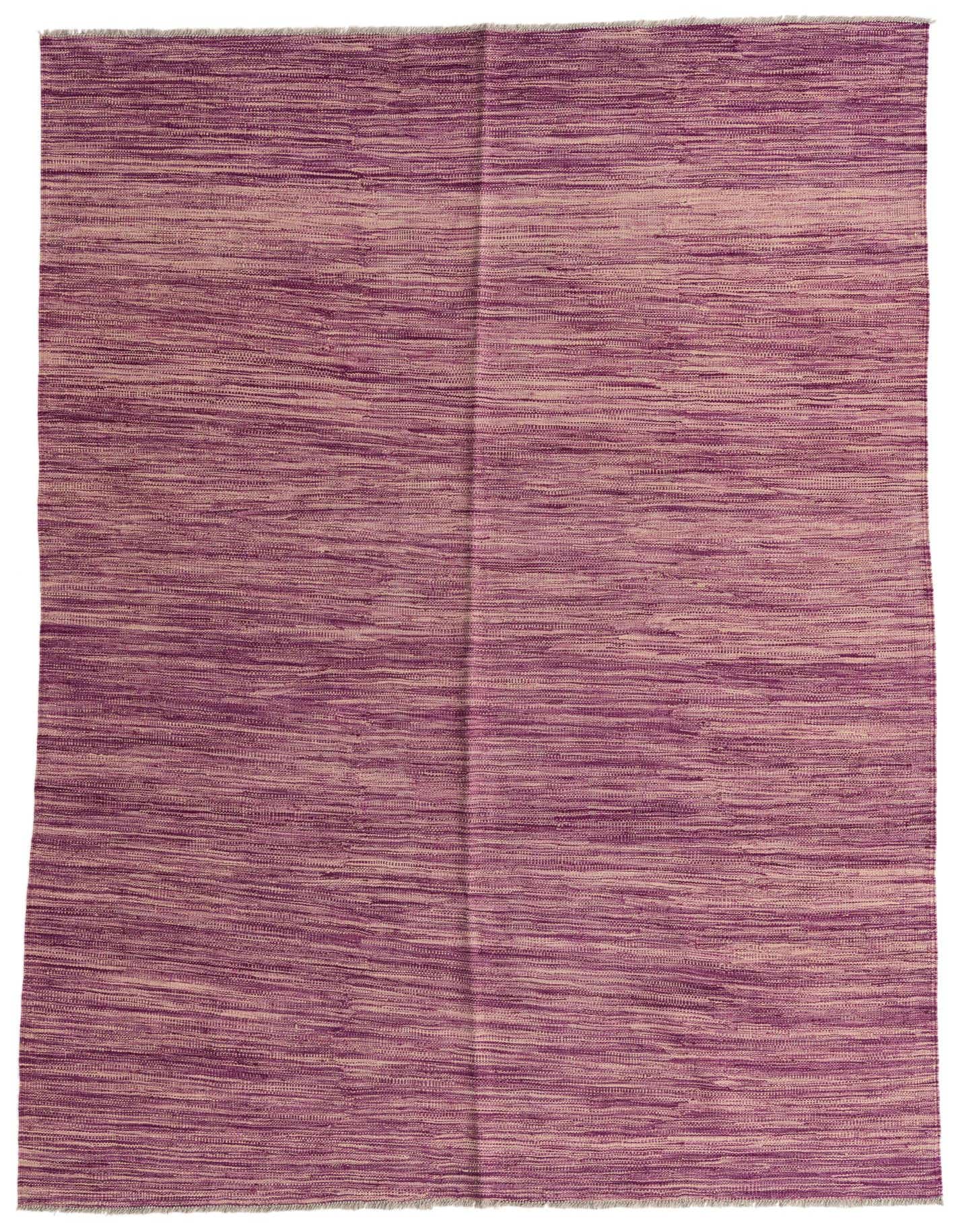 A 5x8 rectangular Kilim Modern flatweave rug in varying shades of purple and beige, showcasing a tribal-inspired abstract pattern.