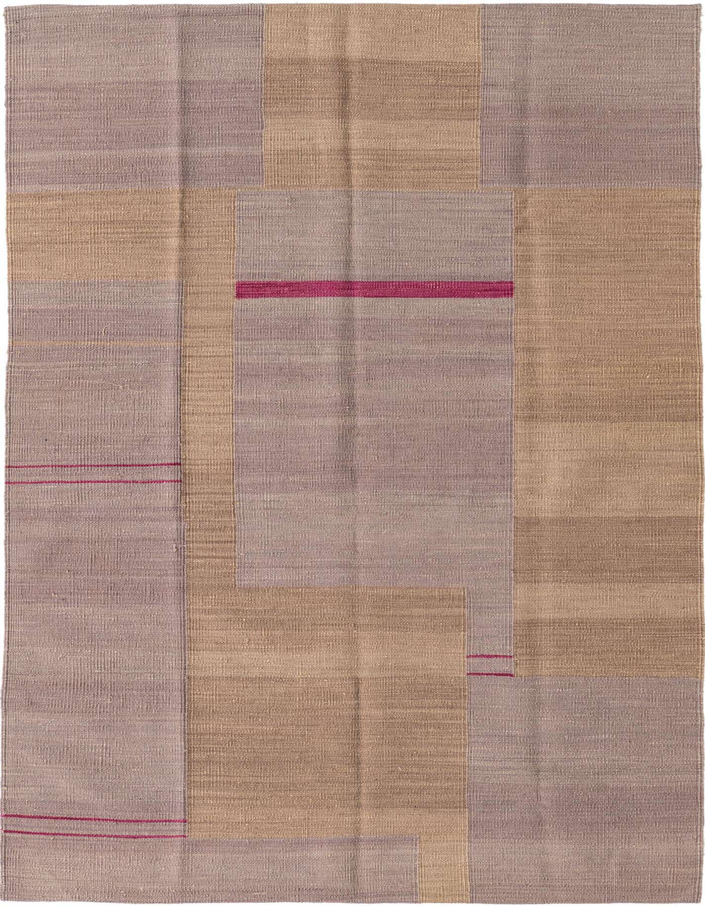 A 4x6 rectangular Kilim Modern wool rug with a flatweave, featuring abstract blocks of purple and beige with thin fuchsia accent lines.