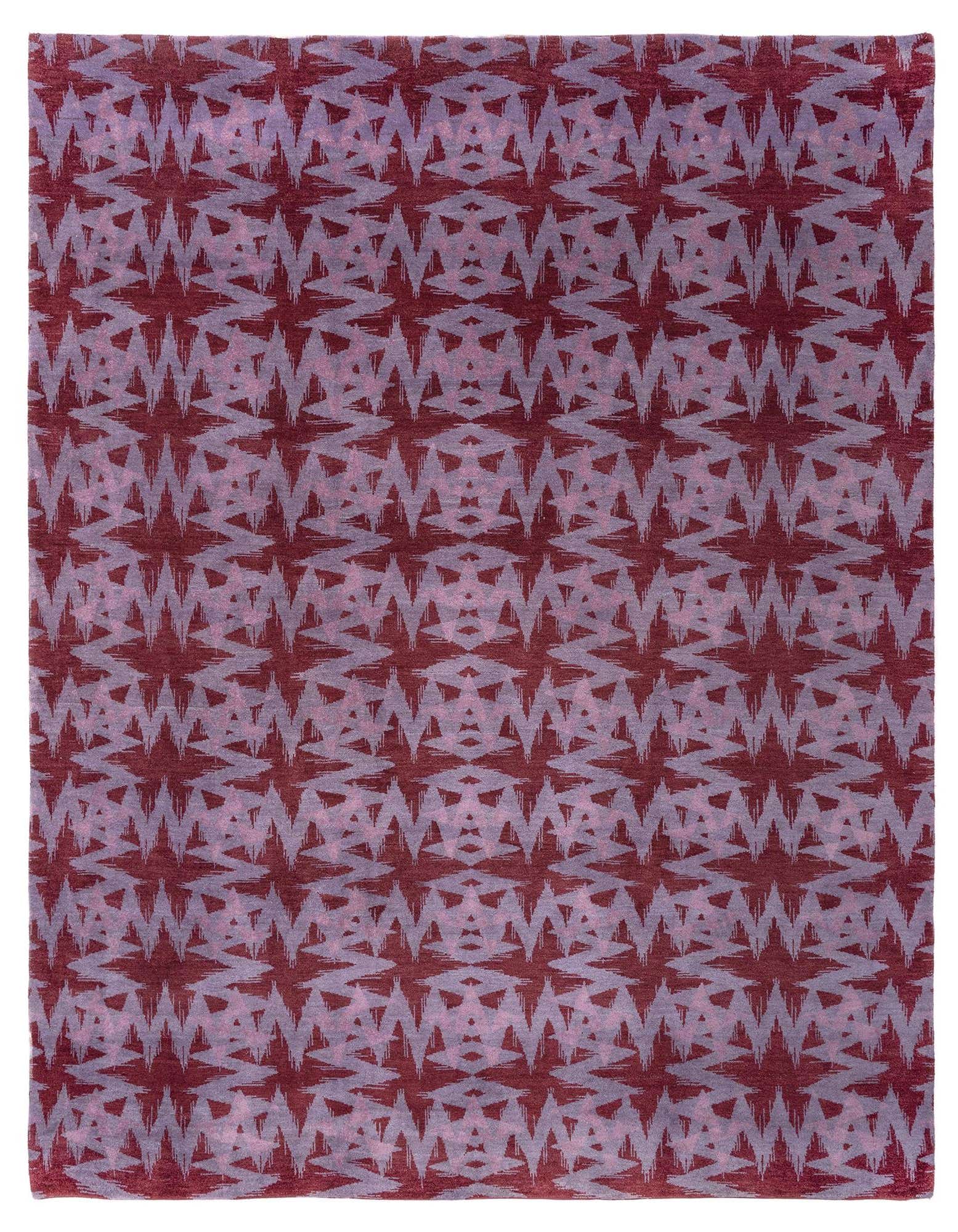 A rectangular 8x10 Modern Manshu rug in shades of purple, featuring a distressed Persian-inspired pattern.