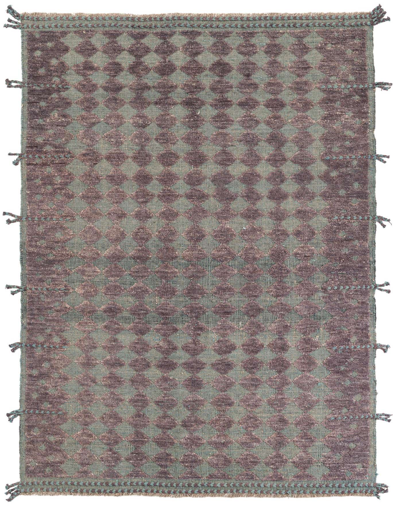 A 5x8 rectangular purple wool shag rug with a modern tribal diamond pattern and decorative tassels.
