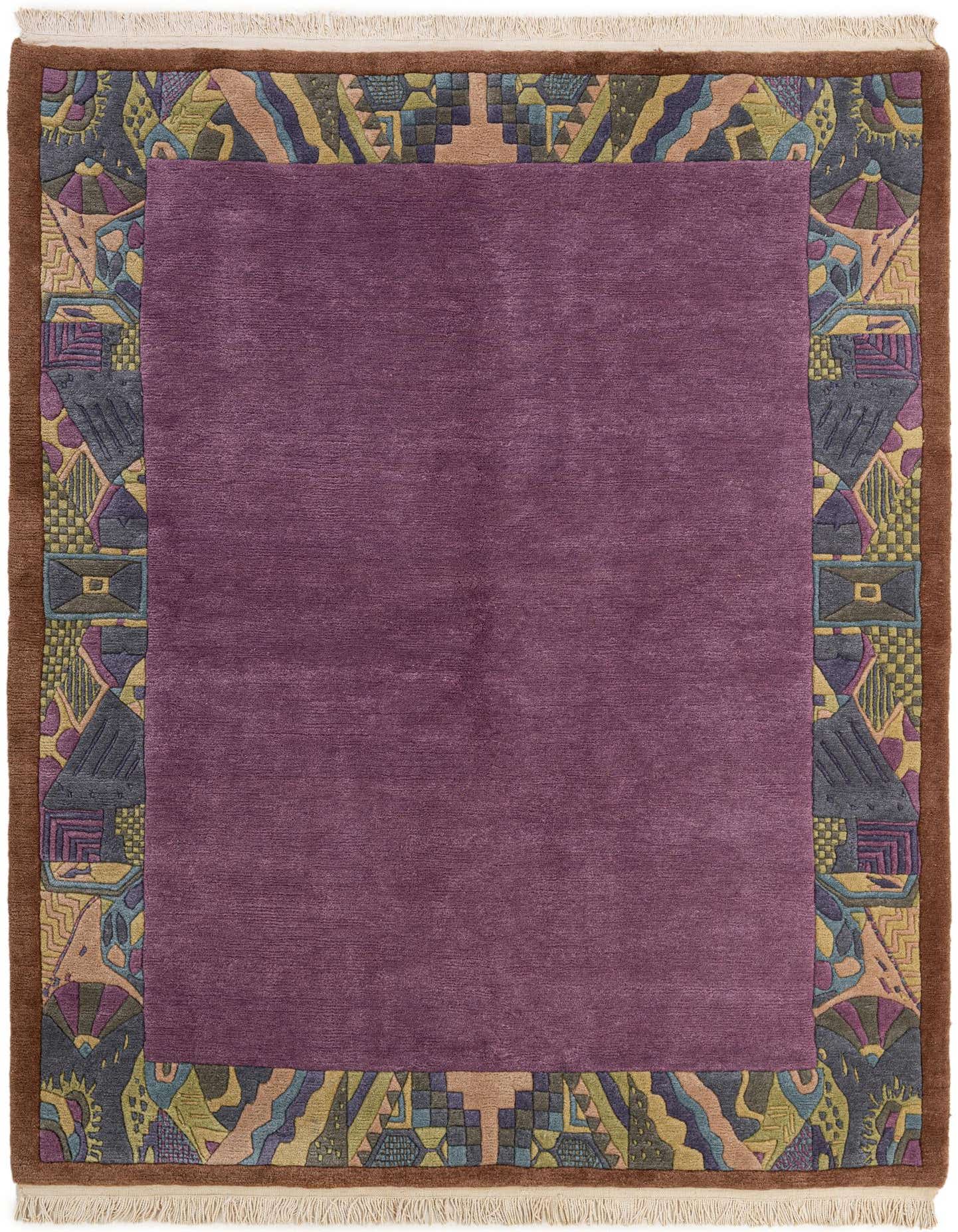 A 5x8 rectangular purple wool rug with a medium pile, featuring a wide border of abstract, colorful geometric and wavy patterns in shades of blue, green, yellow, and brown, suitable for a living room.