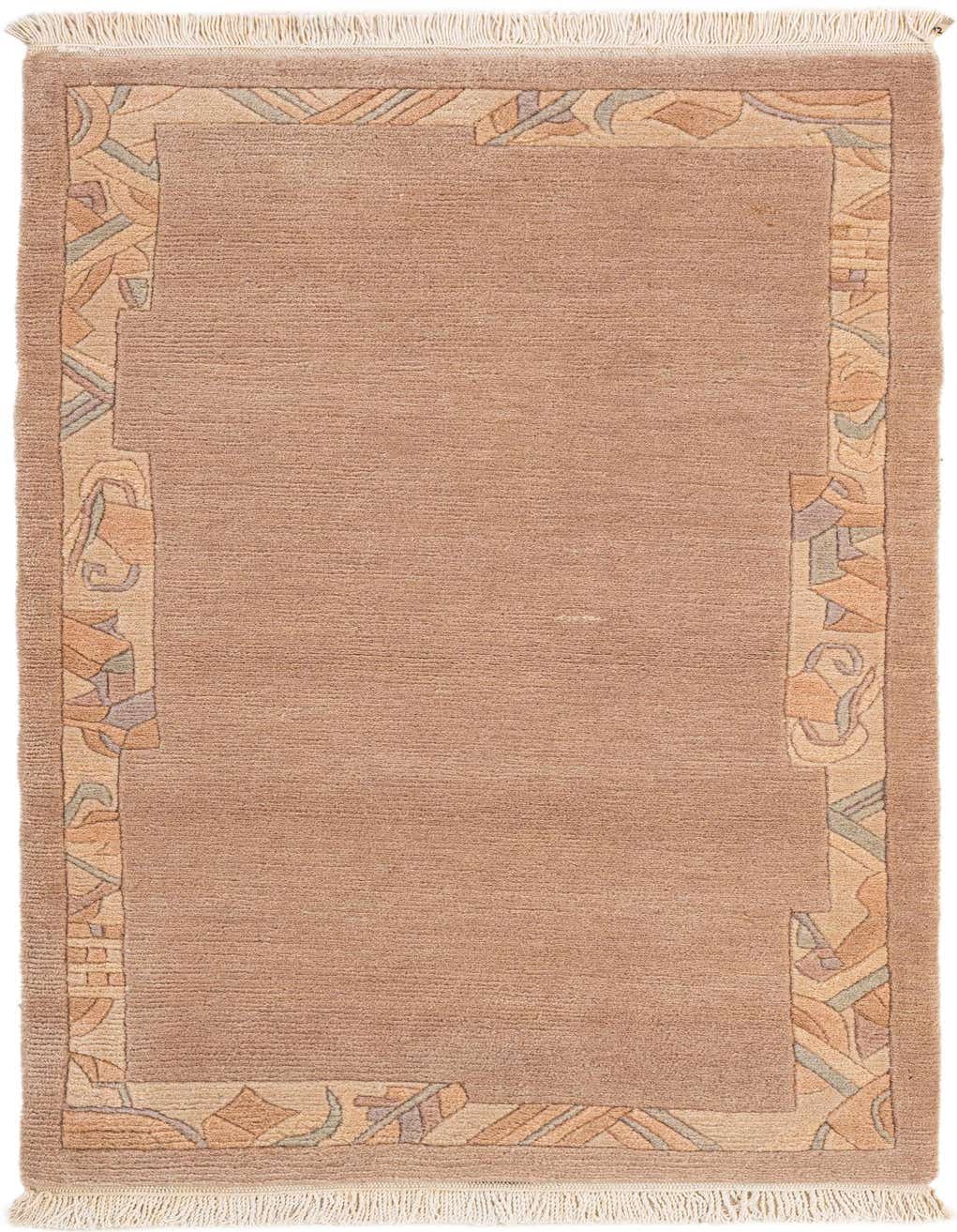 A 3x5 rectangular purple wool rug with a modern abstract border in lighter purple, beige, and blue tones, featuring short fringes.