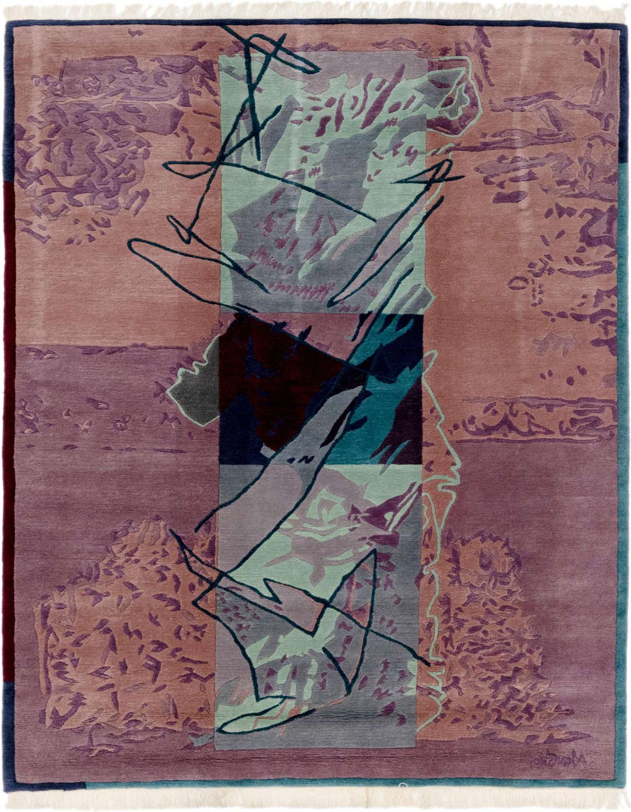 A 7x10 rectangular Nepal rug featuring a modern abstract design in various shades of purple, pink, teal, and gray.