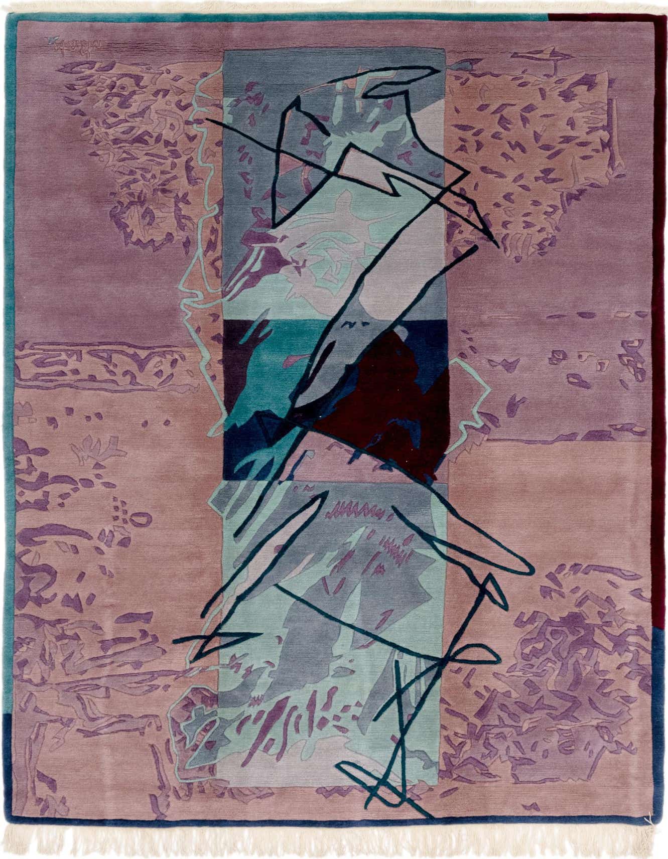 A 7x10 rectangular Nepal Collection wool rug featuring an abstract pattern with shades of purple, blue, and teal, ideal for a modern living room.