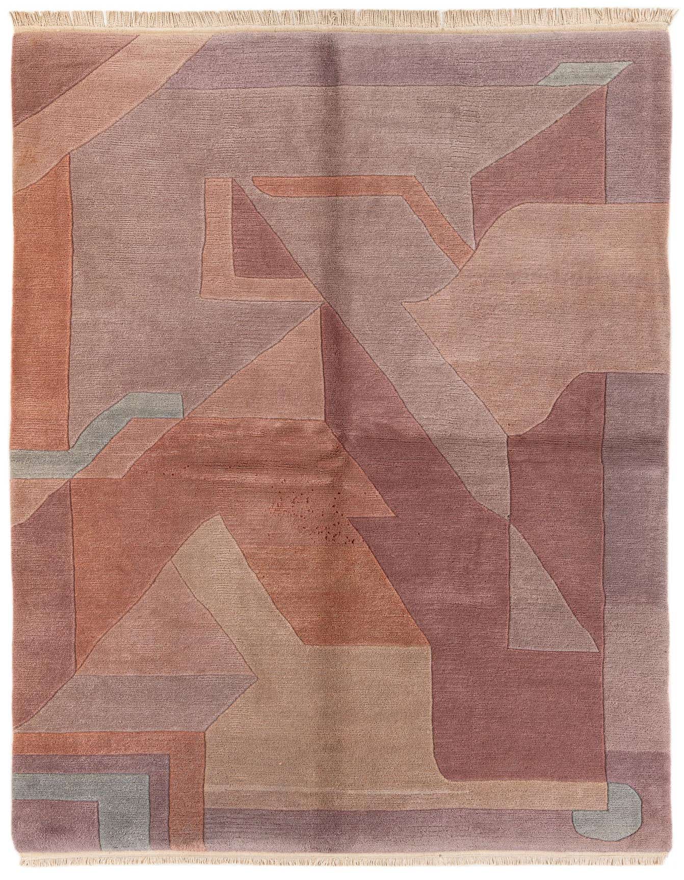 A 5x8 rectangular Nepal Collection rug featuring an abstract modern design in various shades of purple, lavender, and hints of rust and sage.