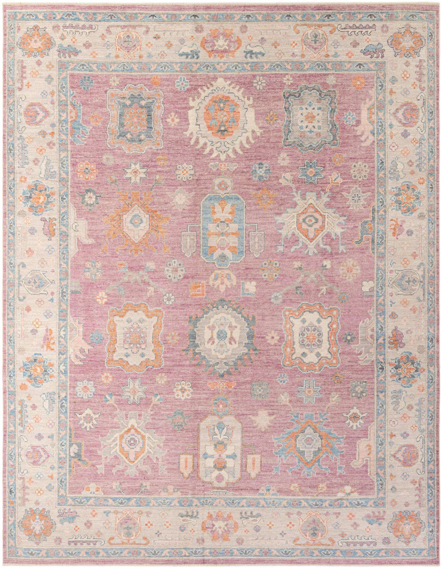 A 9x12 rectangular Oushak rug in shades of purple with a modern floral pattern and an ornate border.