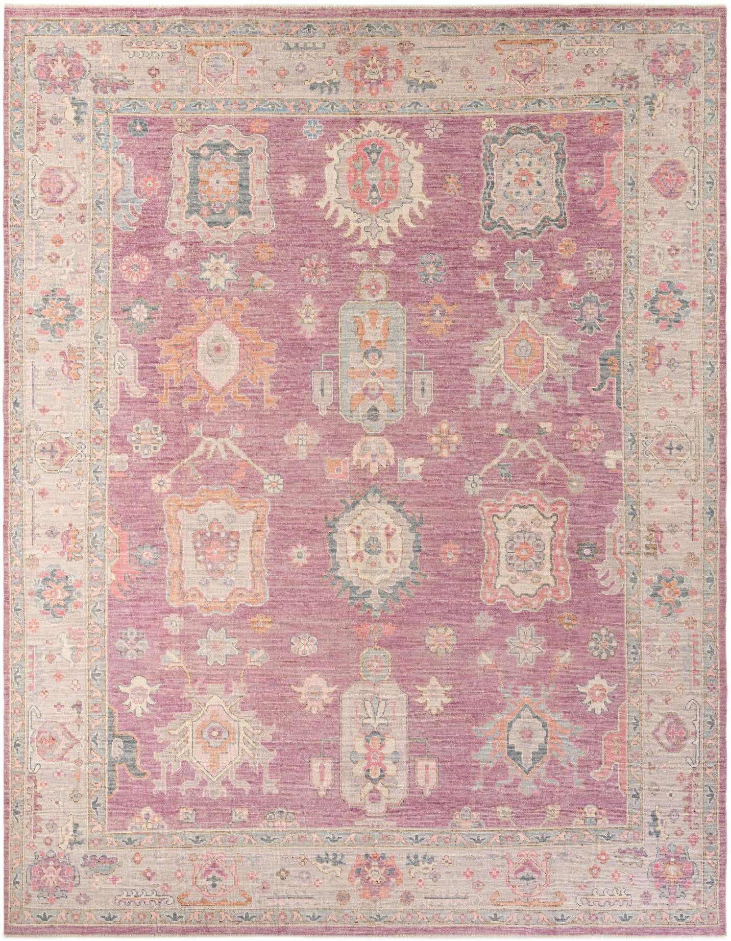 A 10x14 rectangular Oushak rug in shades of purple with a modern floral pattern and light border.