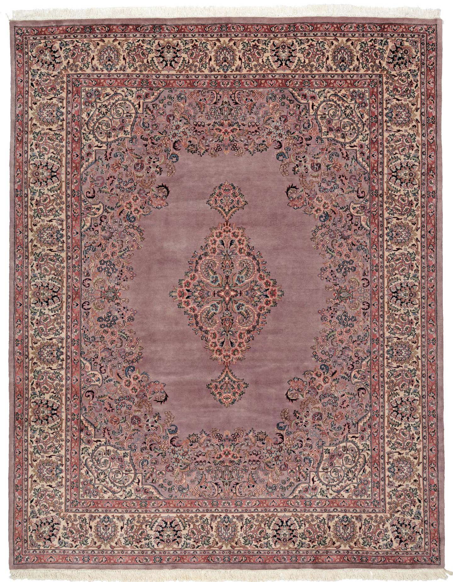 An 8x11 rectangular Sarough rug in shades of purple, featuring an intricate oriental medallion pattern with floral motifs and a detailed border.