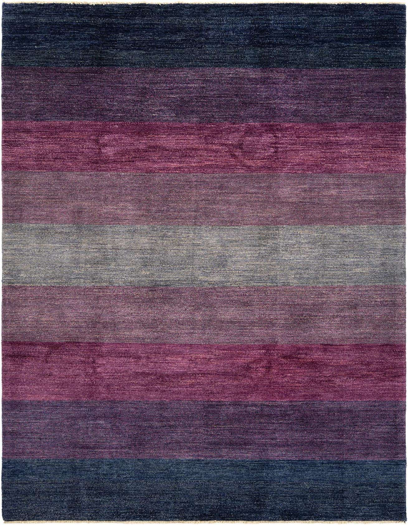 A 6x9 rectangular Tabiibaft Persian rug featuring horizontal stripes in varying shades of purple, plum, and hints of gray.