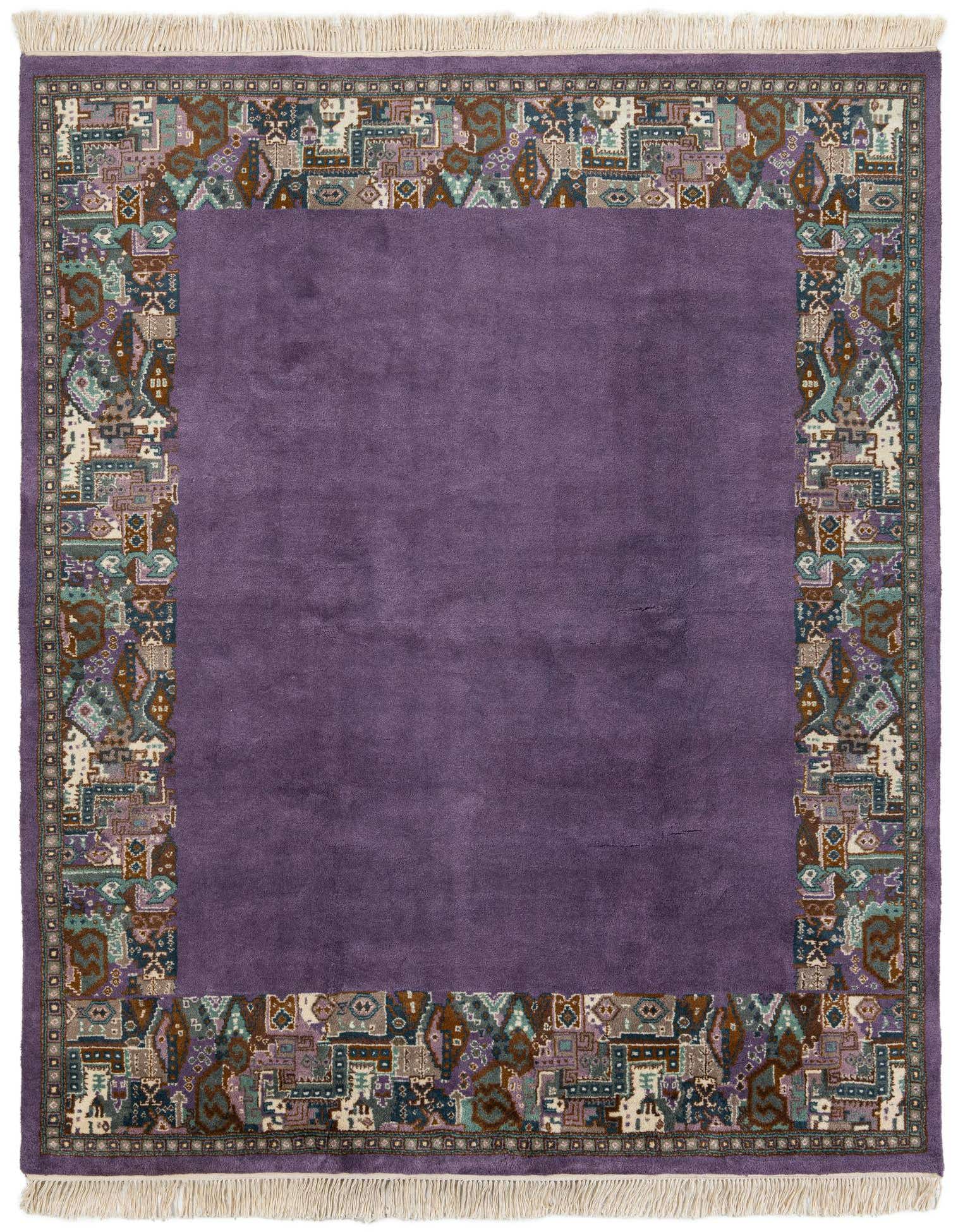 A 6x9 rectangular purple wool rug with a detailed modern Oriental border featuring various geometric and abstract patterns in muted blues, greens, browns, and purples, with fringe.