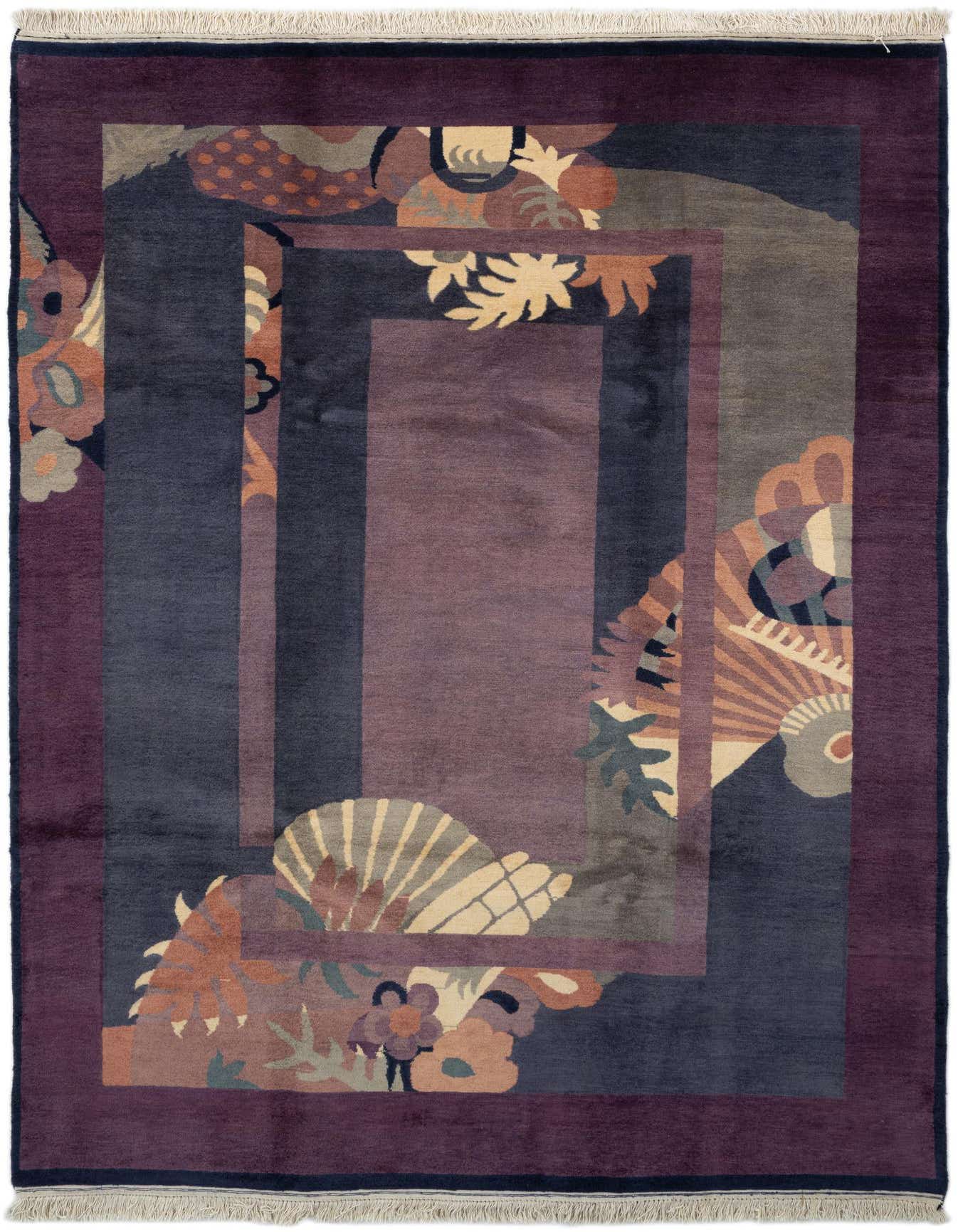 A 6x9 rectangular purple wool rug with a modern abstract oriental pattern, featuring layered geometric shapes and organic motifs in varying shades of purple, blue, and earth tones.