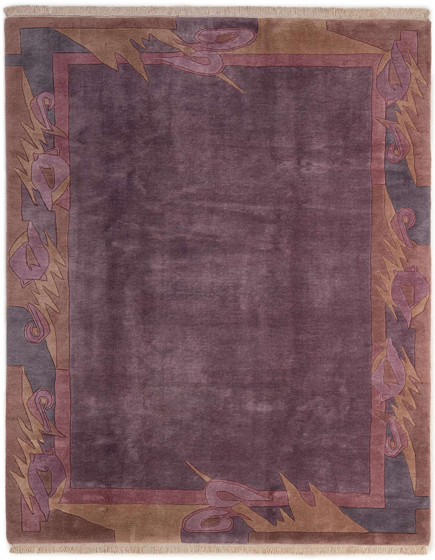 A 6x9 rectangular wool rug with a deep purple center and a border featuring abstract floral and geometric shapes in lighter purples, grays, and browns.