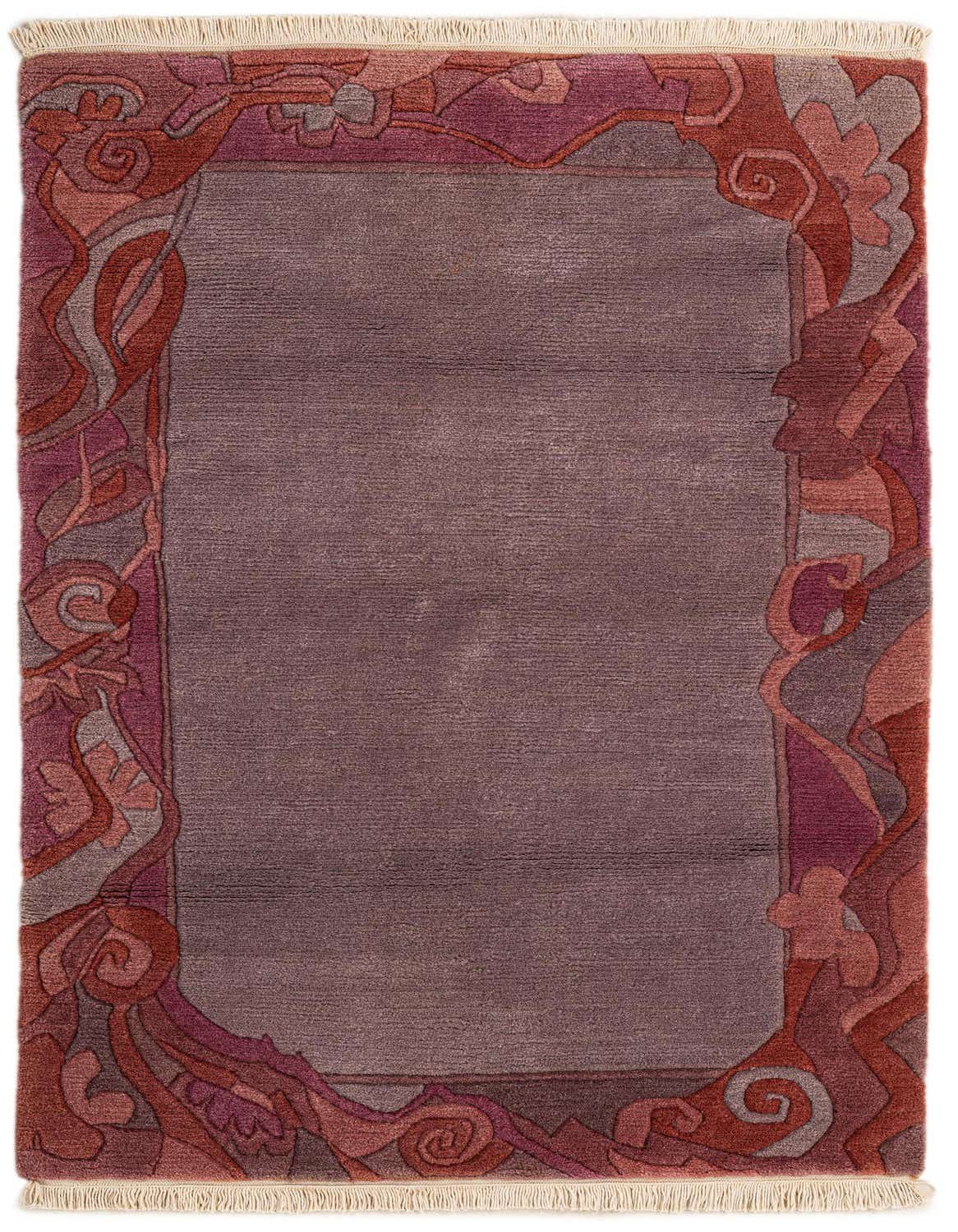 A 3x5 rectangular purple wool rug with a modern abstract border in shades of purple, red, and grey, featuring a medium pile and fringe.