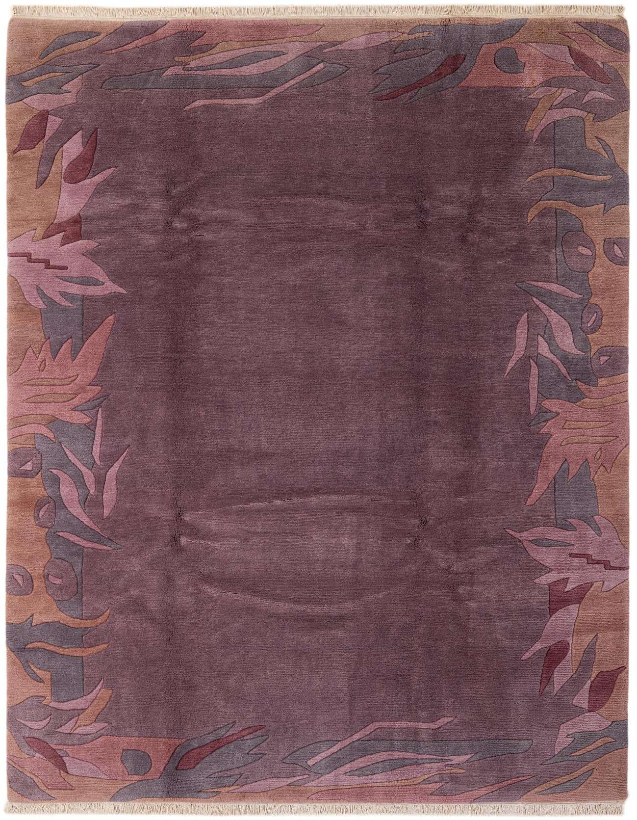A 6x9 rectangular purple wool rug with a modern abstract border in shades of purple, pink, and beige.