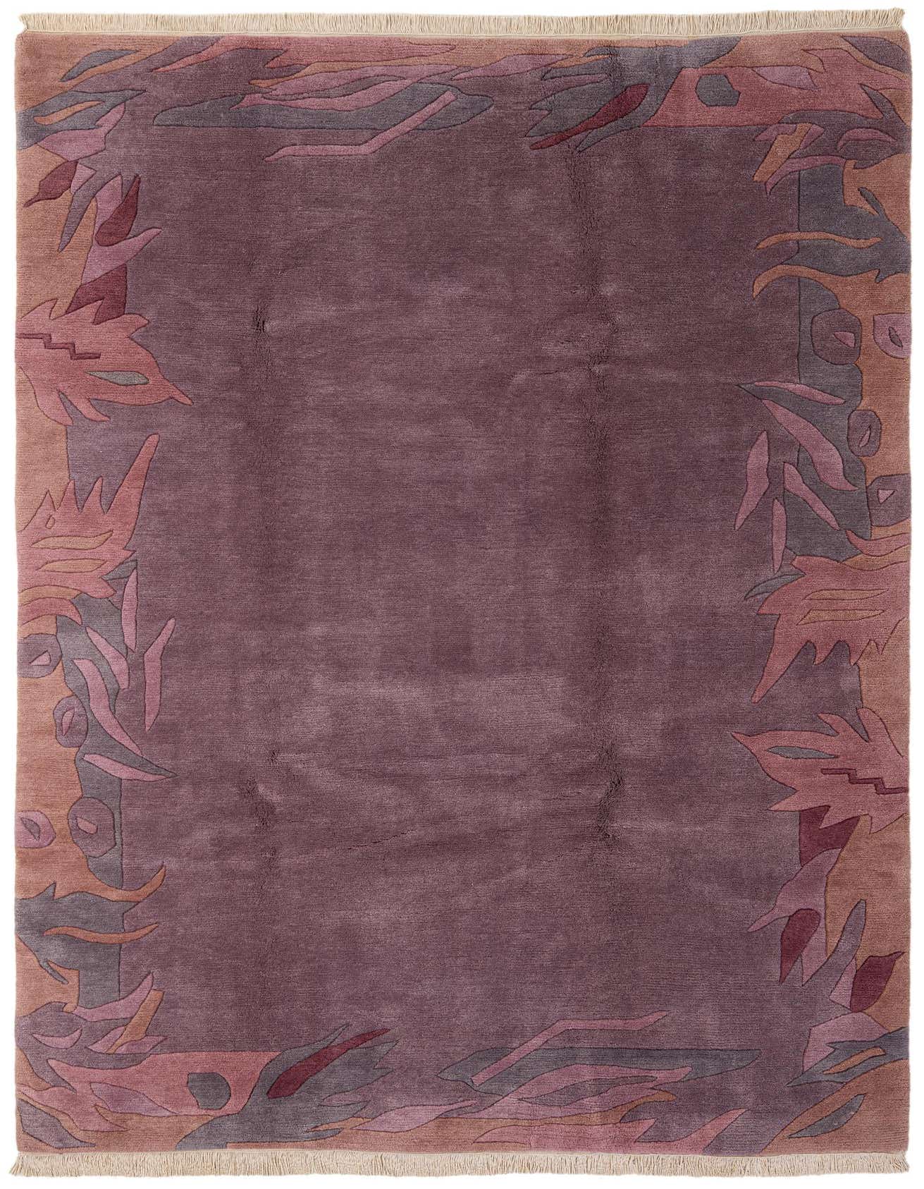 A 7x10 rectangular purple wool rug with a modern abstract border in shades of purple, pink, and grey.