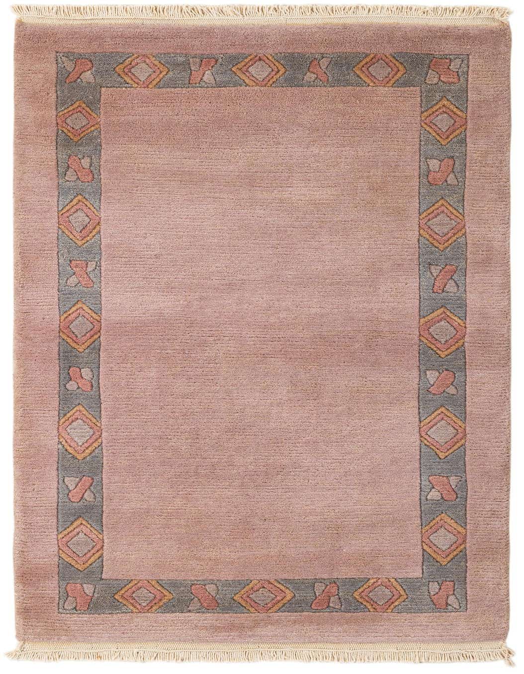 A 3x4 rectangular Tibet collection rug featuring a soft purple field with a gray border patterned with pink and orange diamonds and abstract shapes, suitable for indoor use.