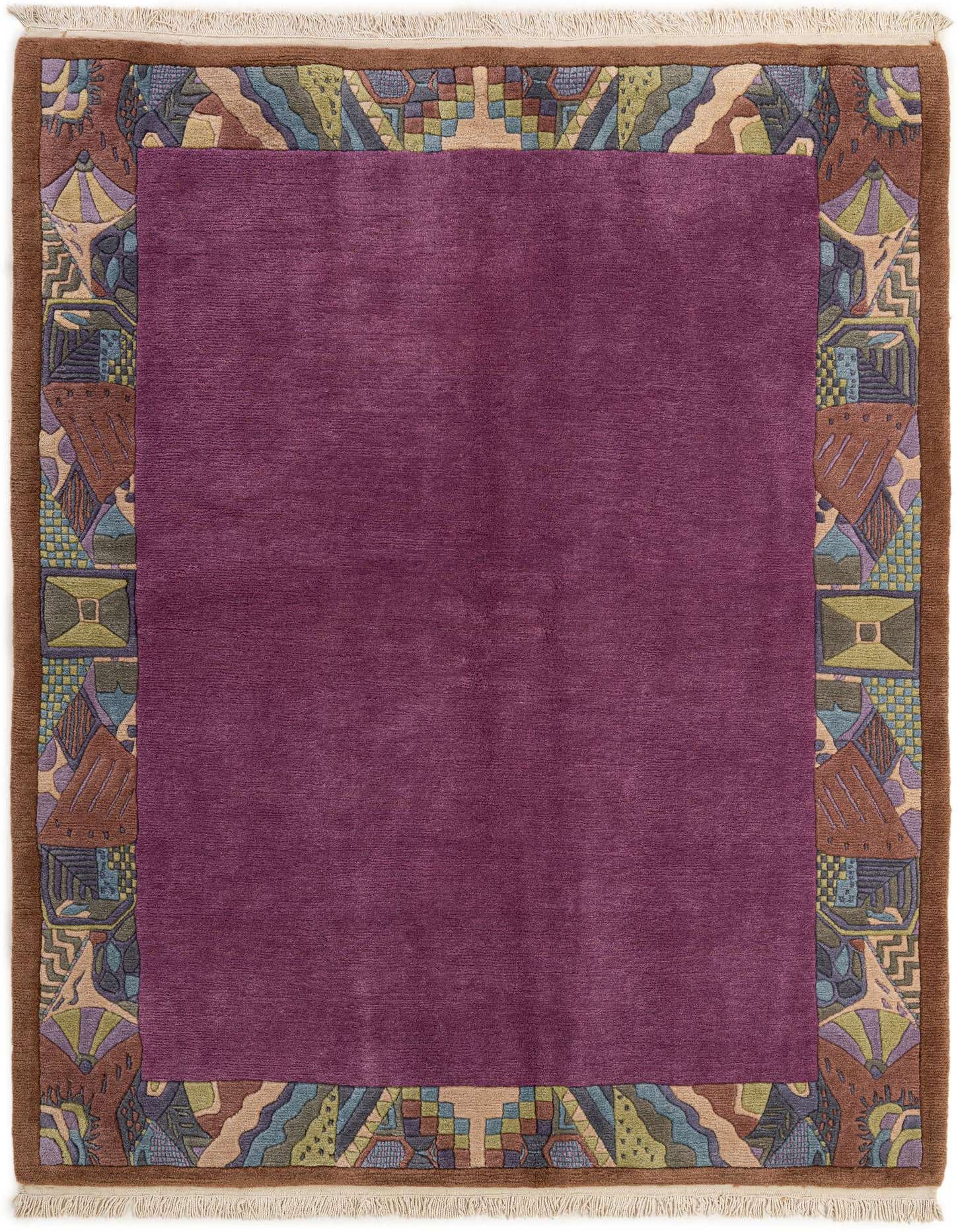 A 5x7 rectangular purple wool rug with a medium pile, featuring a wide, colorful modern oriental border with abstract geometric shapes in brown, blue, green, and beige, and a fringed edge.