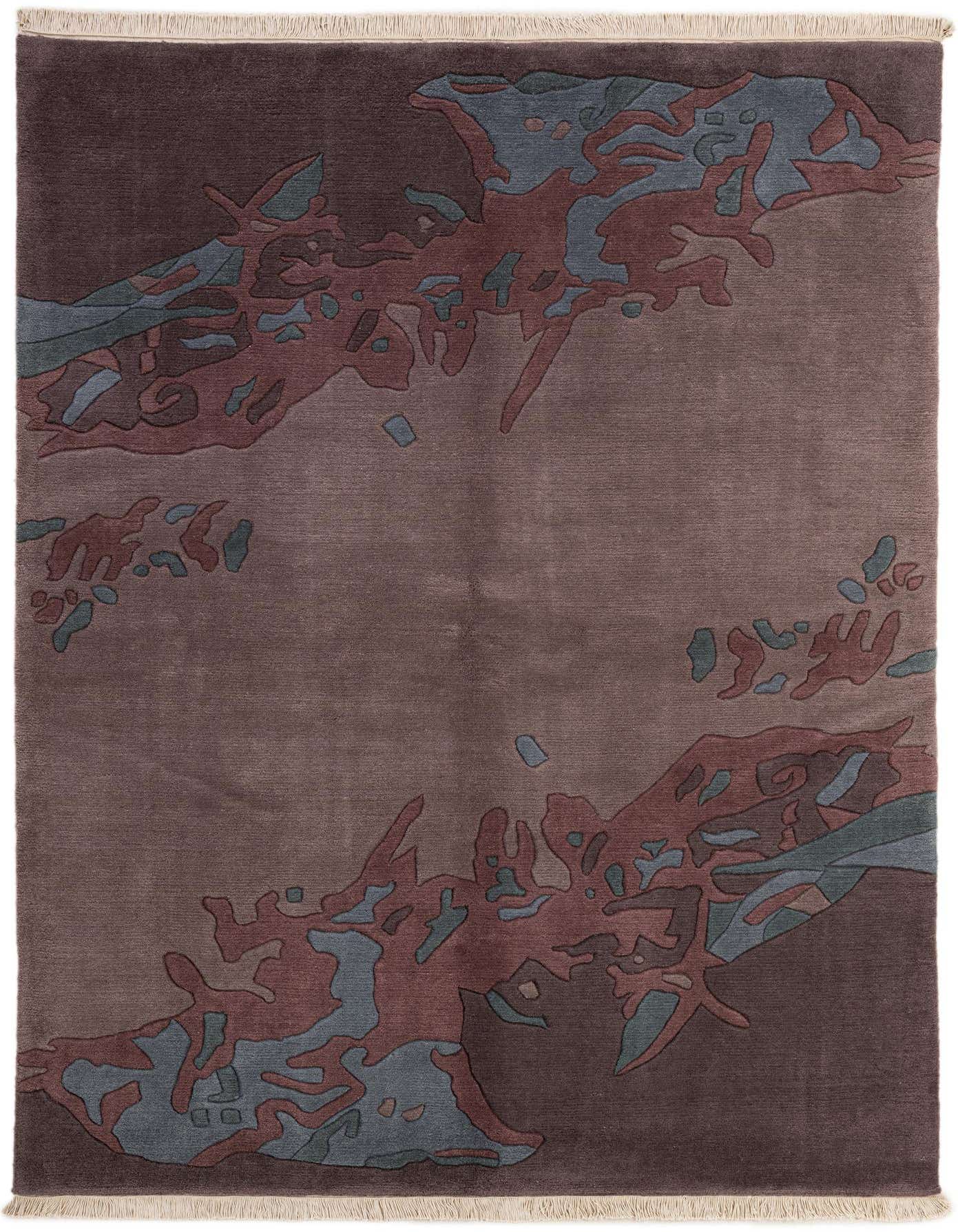 A 5x8 rectangular purple wool rug with a modern abstract pattern in shades of purple, blue, and red, featuring a medium pile and fringe.