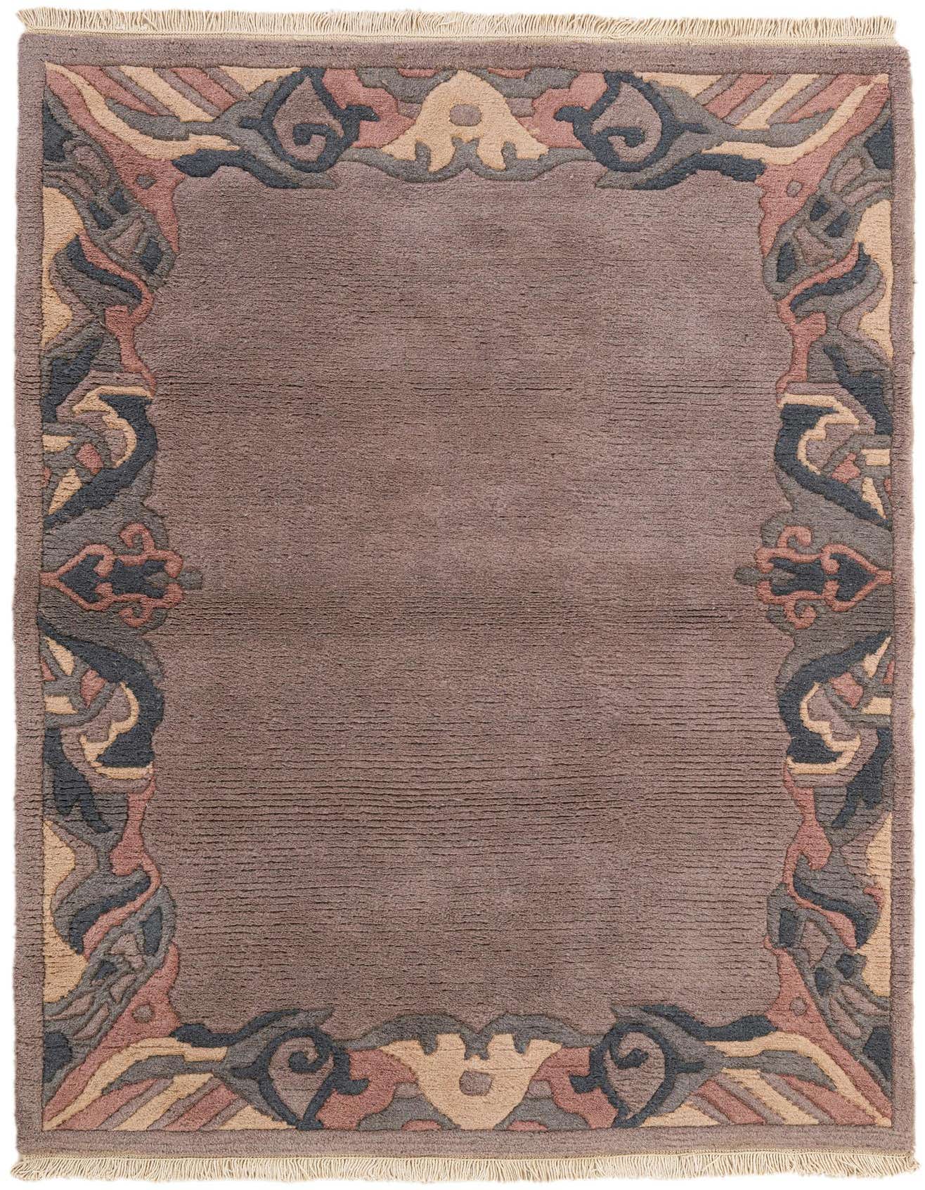 A 4x6 rectangular purple wool rug with a modern oriental border pattern in shades of grey, pink, and beige.