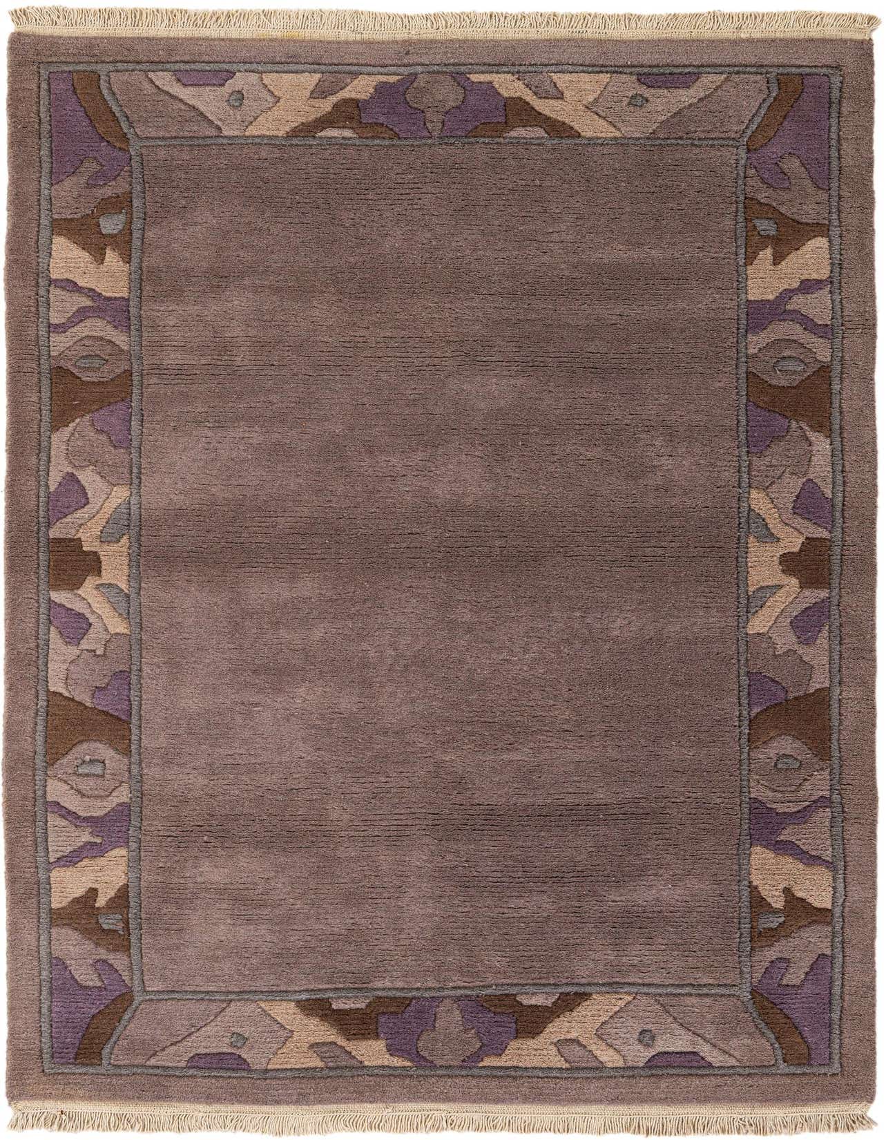 A 4x6 rectangular purple wool rug with a modern abstract border in varying shades of purple, brown, and beige, with short fringe.