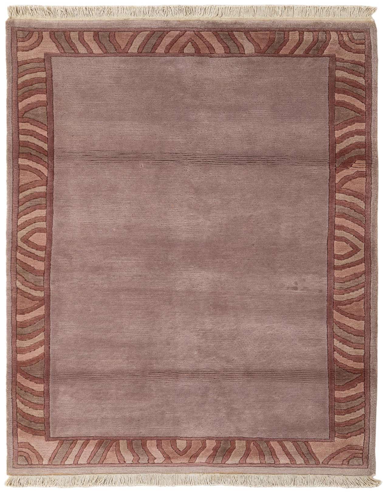 A 4x6 rectangular purple wool rug with a modern abstract border in shades of purple and brown, featuring fringe.