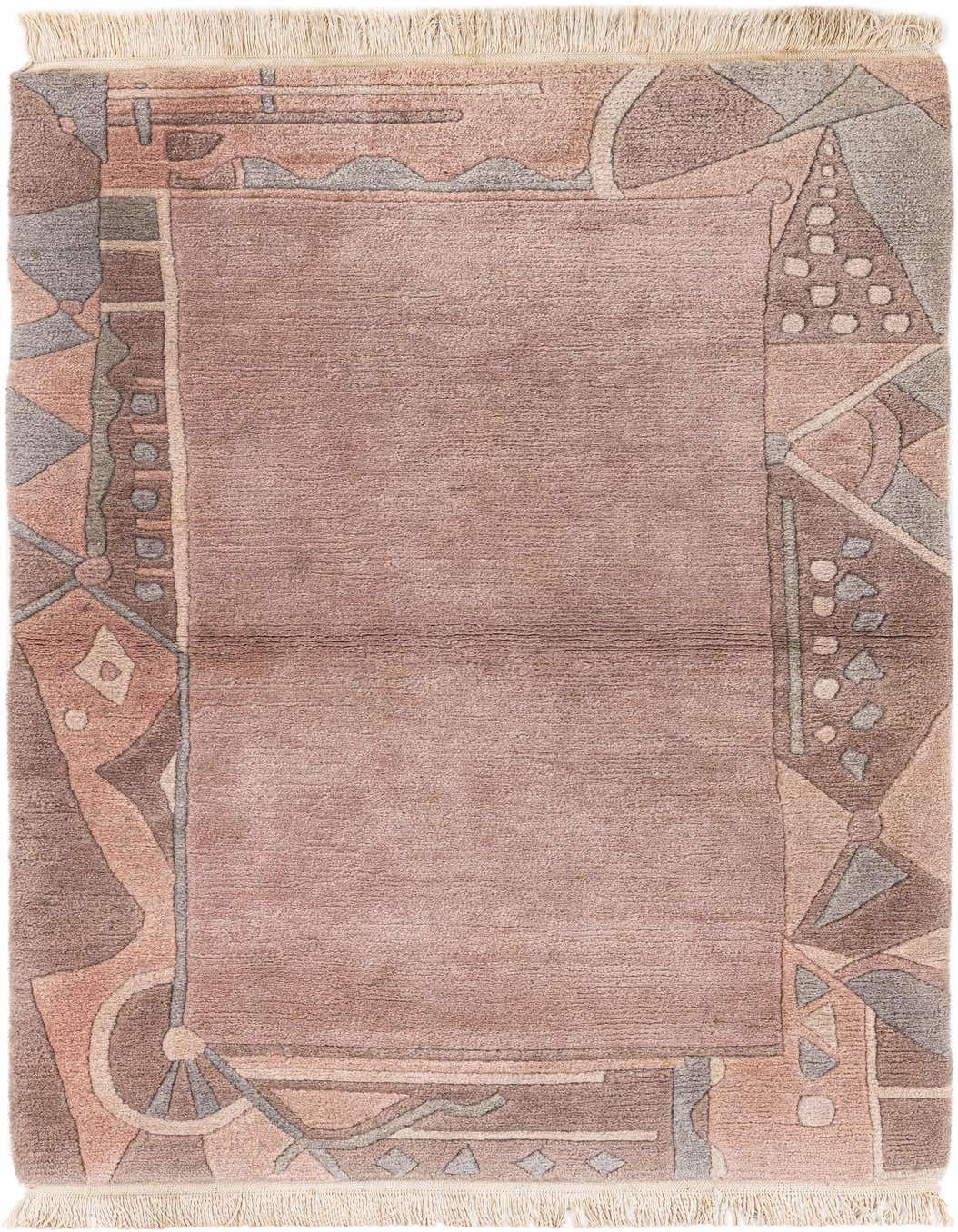 A 3x5 rectangular purple modern wool rug with an abstract border pattern in shades of purple, brown, and grey, featuring fringe.